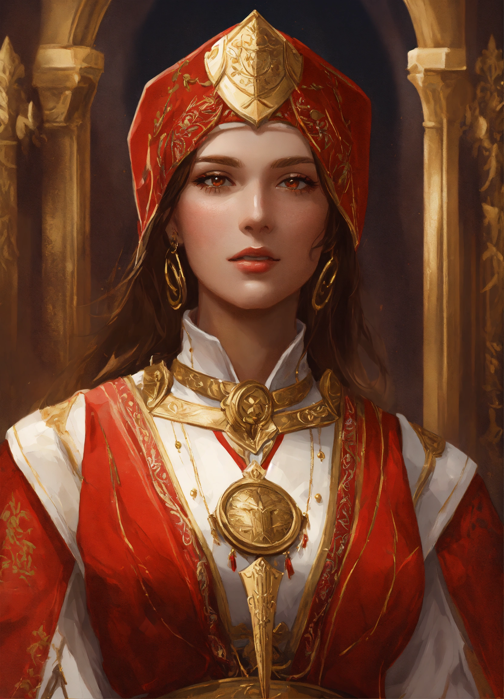 Lexica - Praios female cleric, red and white clothes, gold details ...