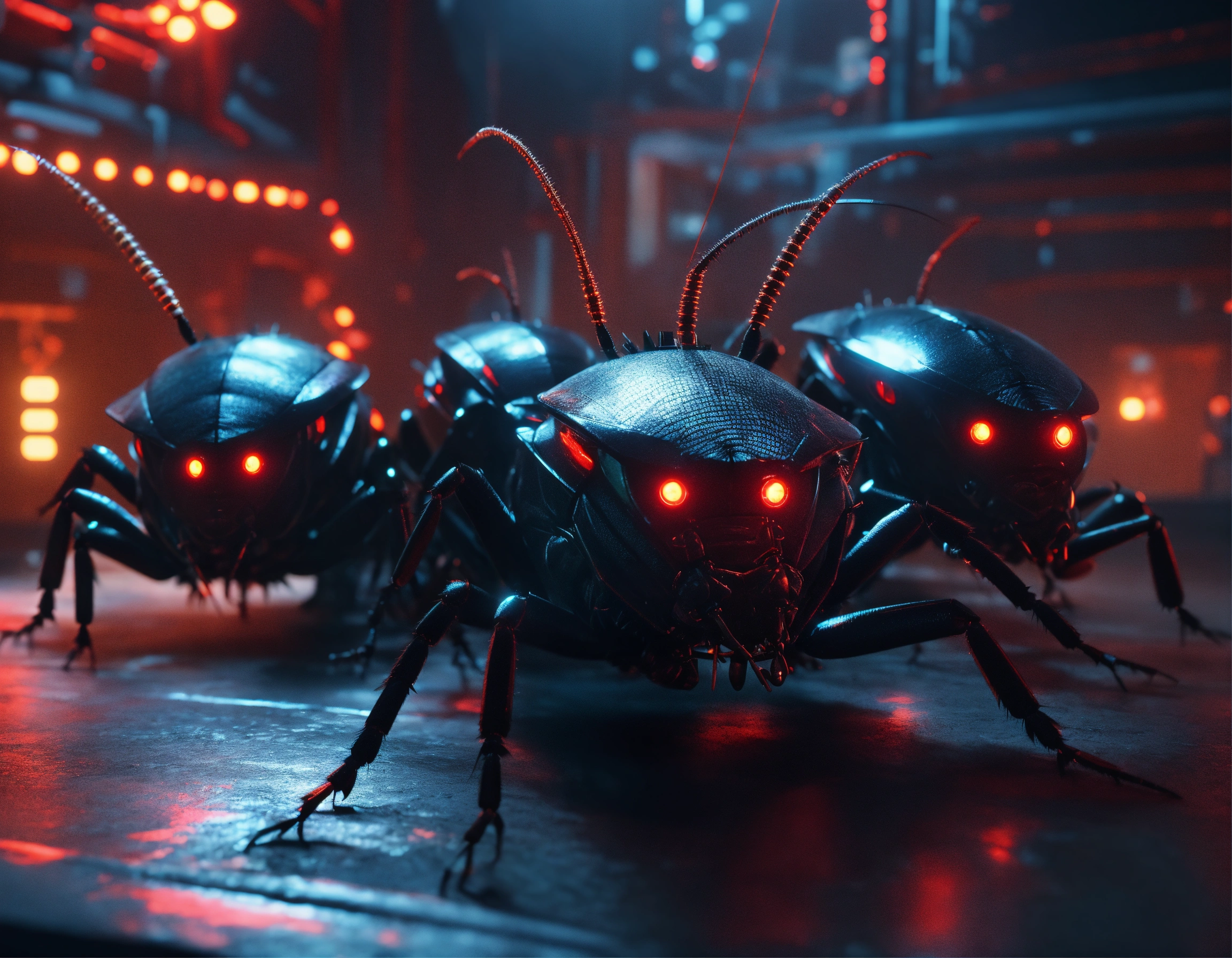 Lexica - Zoom out shot of group of 3 black cockroach faced humanoids ...