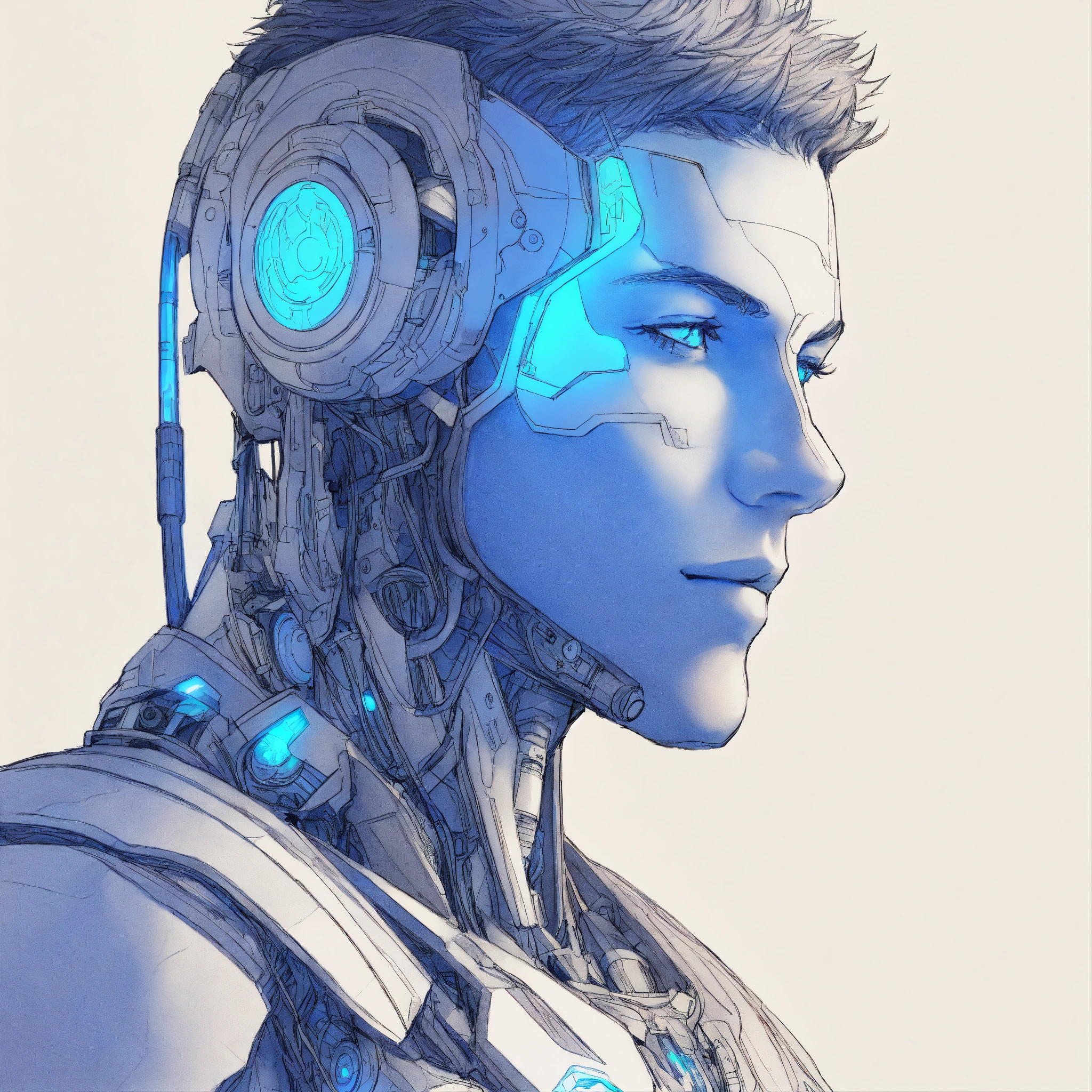 Lexica - Front profile, line drawing, enchanted male cyborg, close up ...