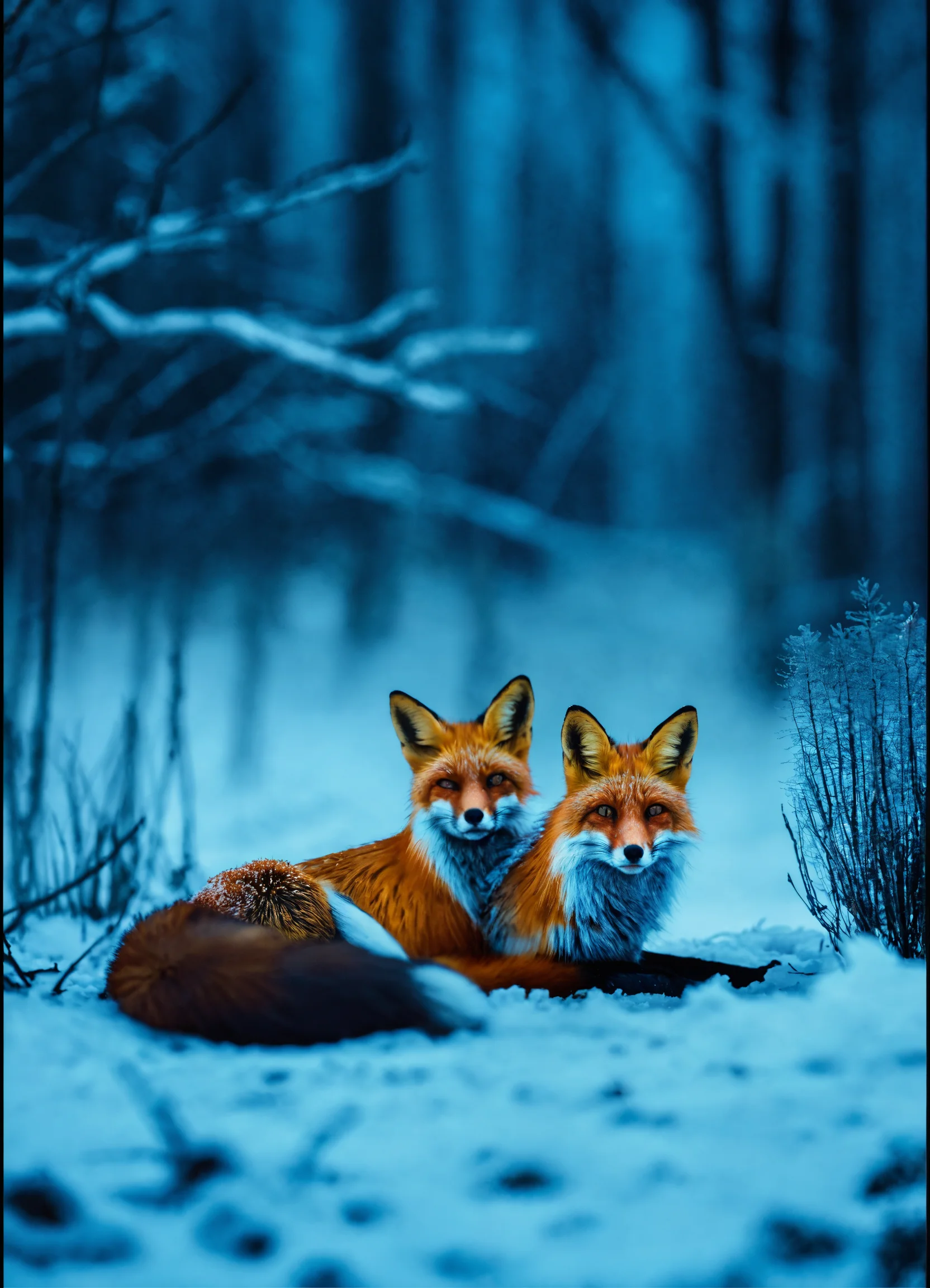 Lexica - The fox lies in the snow. Night in the forest. Severe frost ...