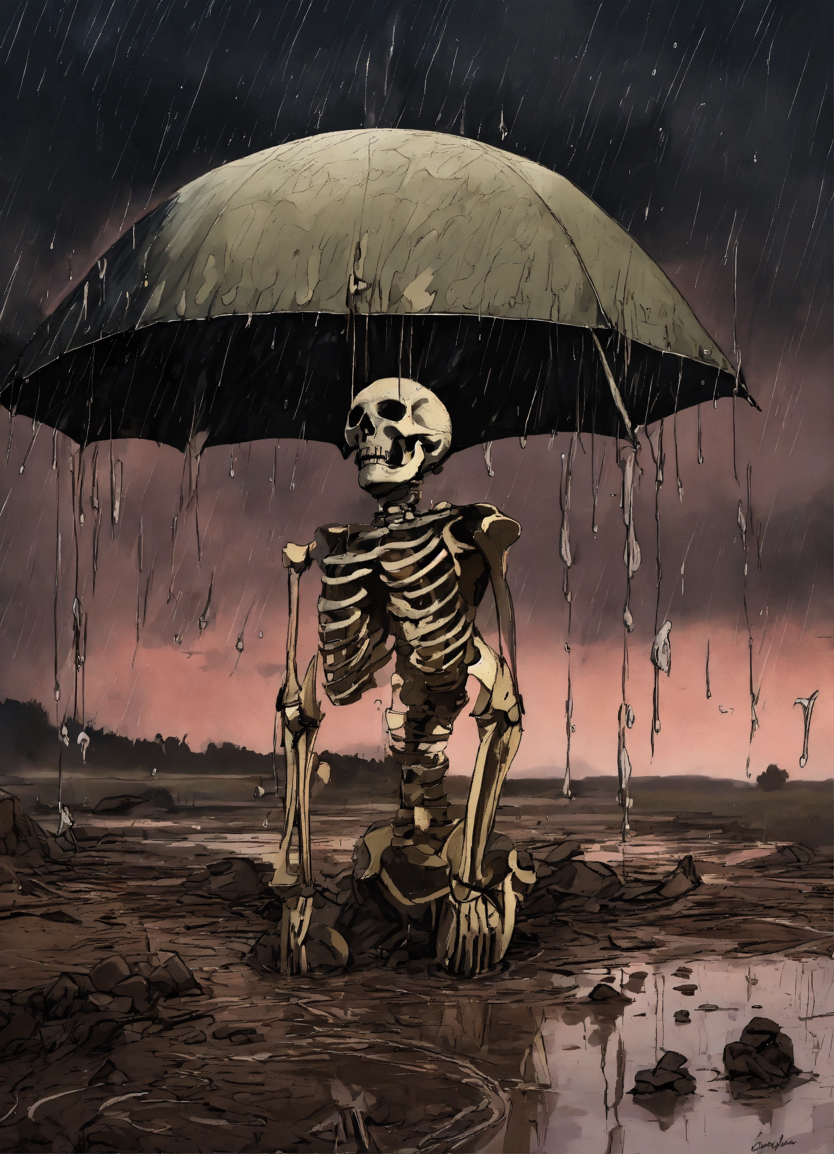 Lexica - Digital art drawing of bones in the mud and rain.