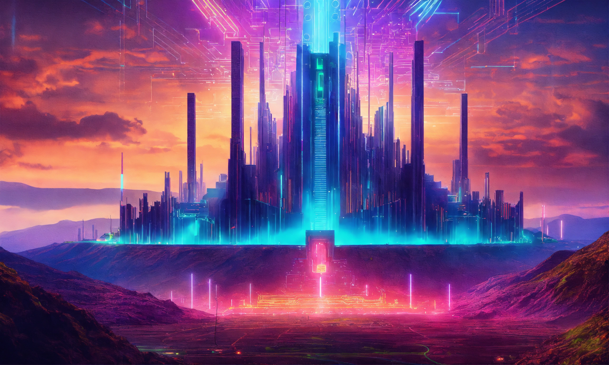 Lexica Towering fortress with digital circuit lines going up the