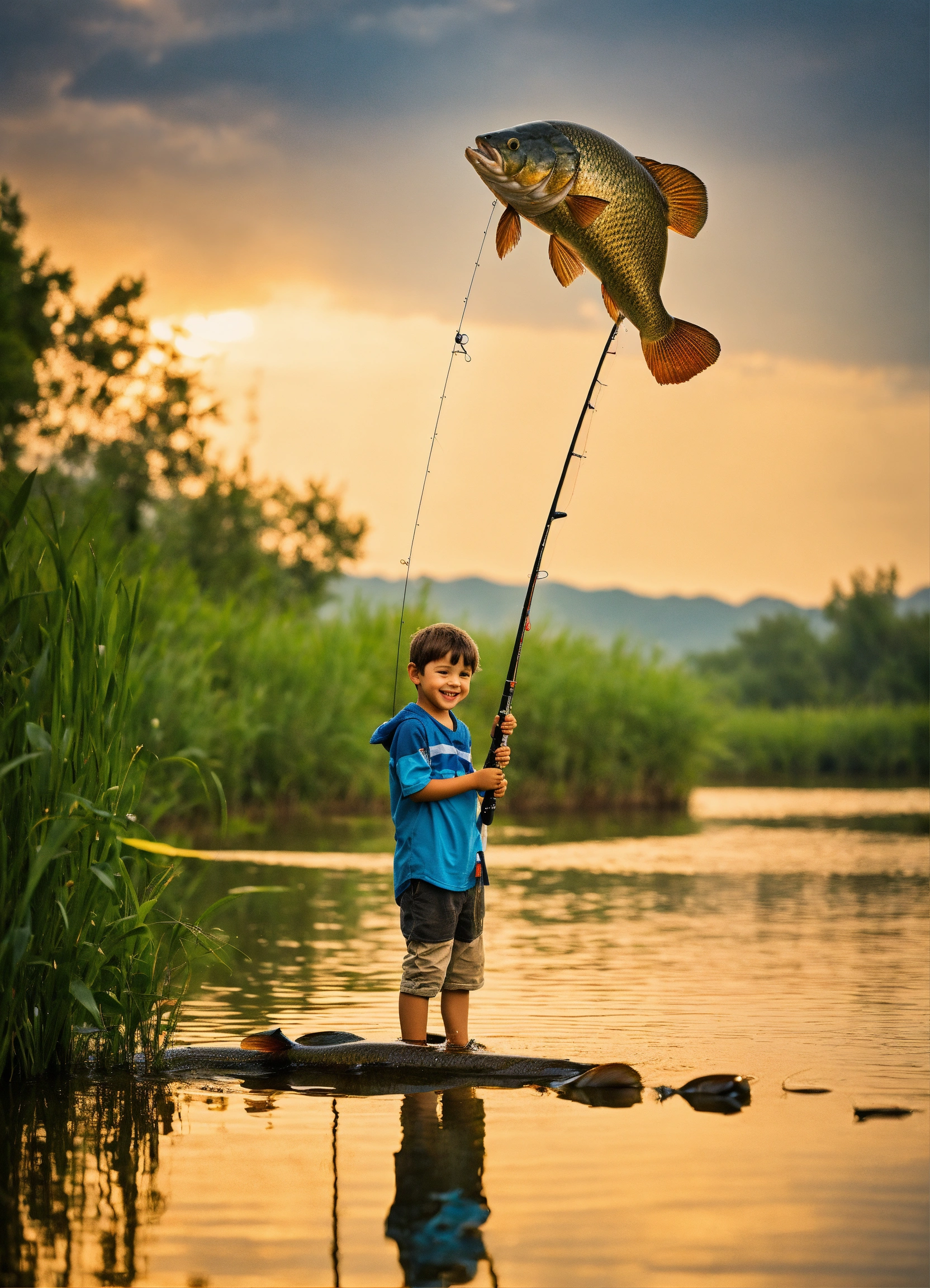 Lexica - A funny little boy who fished a big fish out of a pond