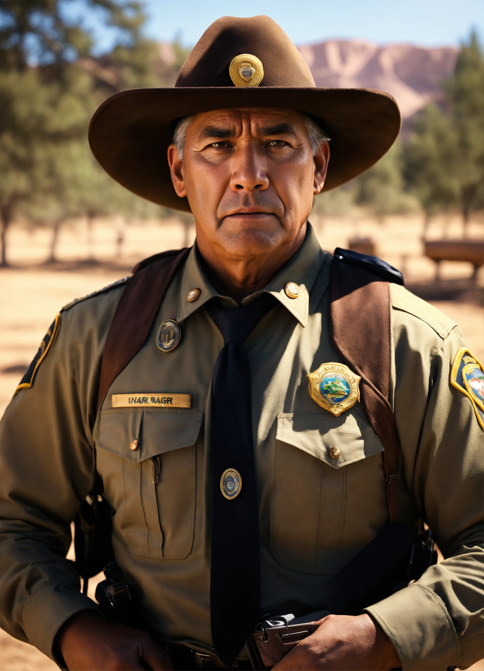 Lexica - Portrait of an native american park ranger man scared ...