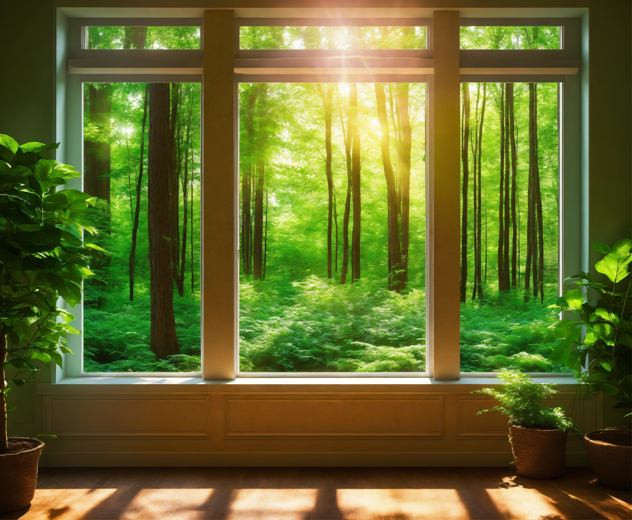 Lexica - A picture of a window with a forest view and sunlight shining ...