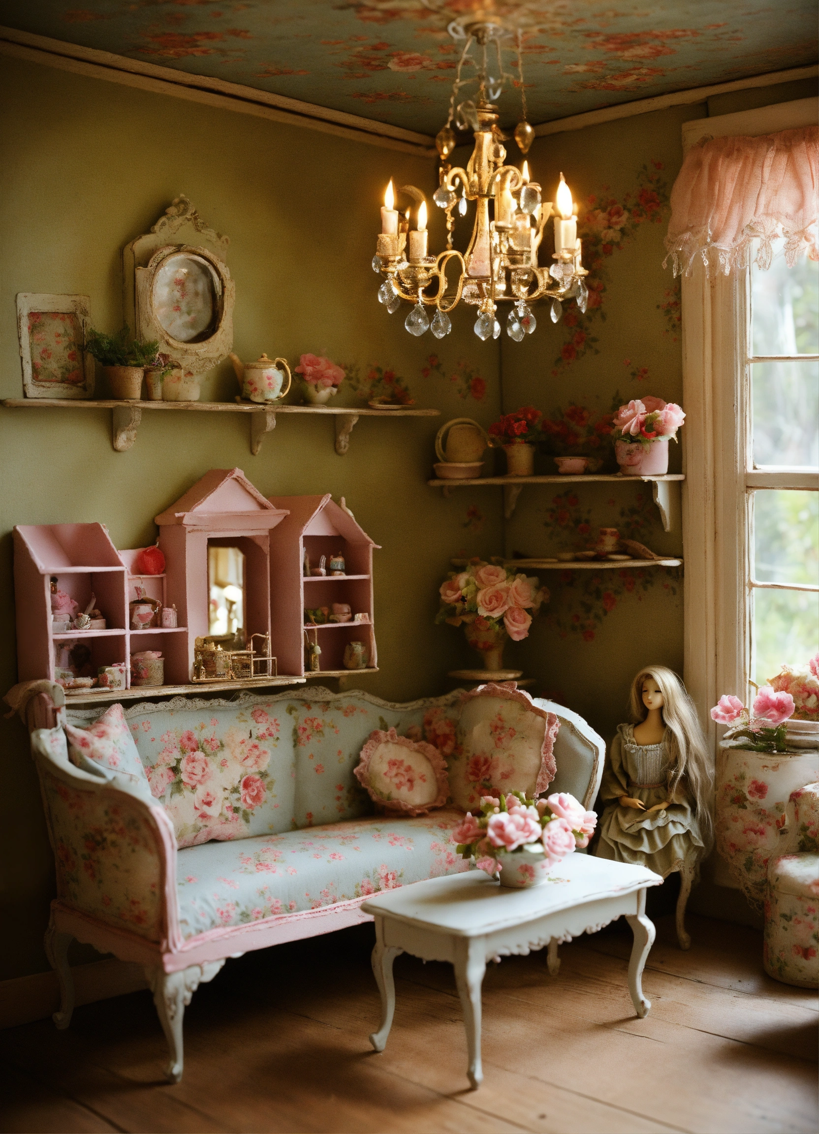 Lexica - Can you create a picture of a shabby chic dollhouse rooms