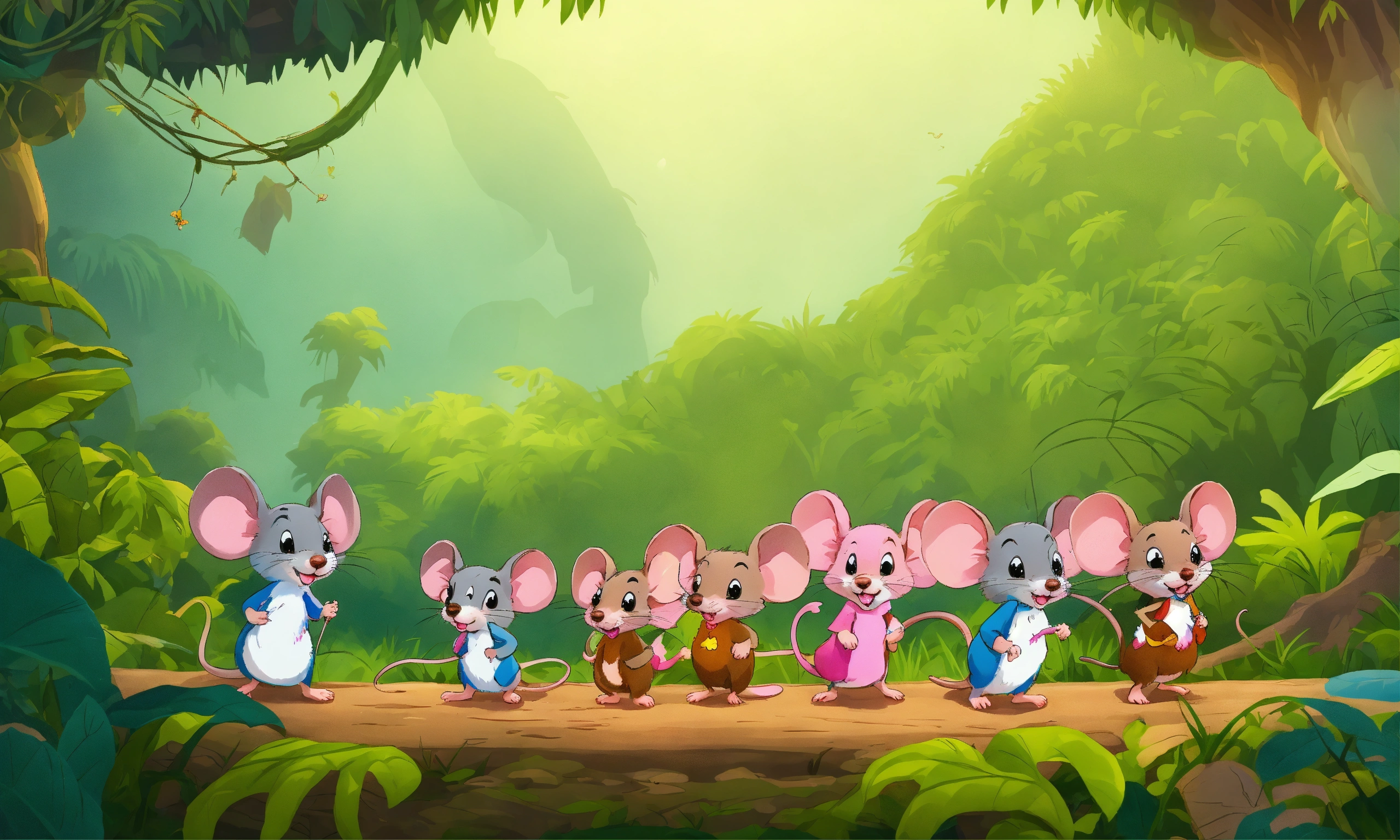 Lexica - Cartoon group of mouse wandering in jungle
