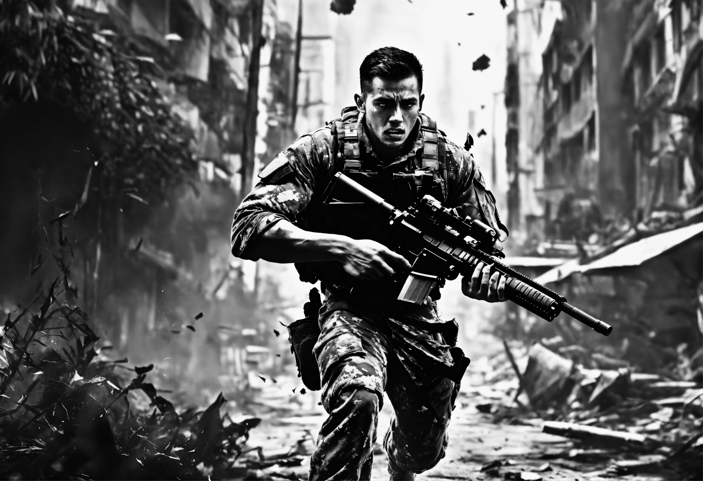 Lexica - Black and white illustration of male soldier in digital jungle ...