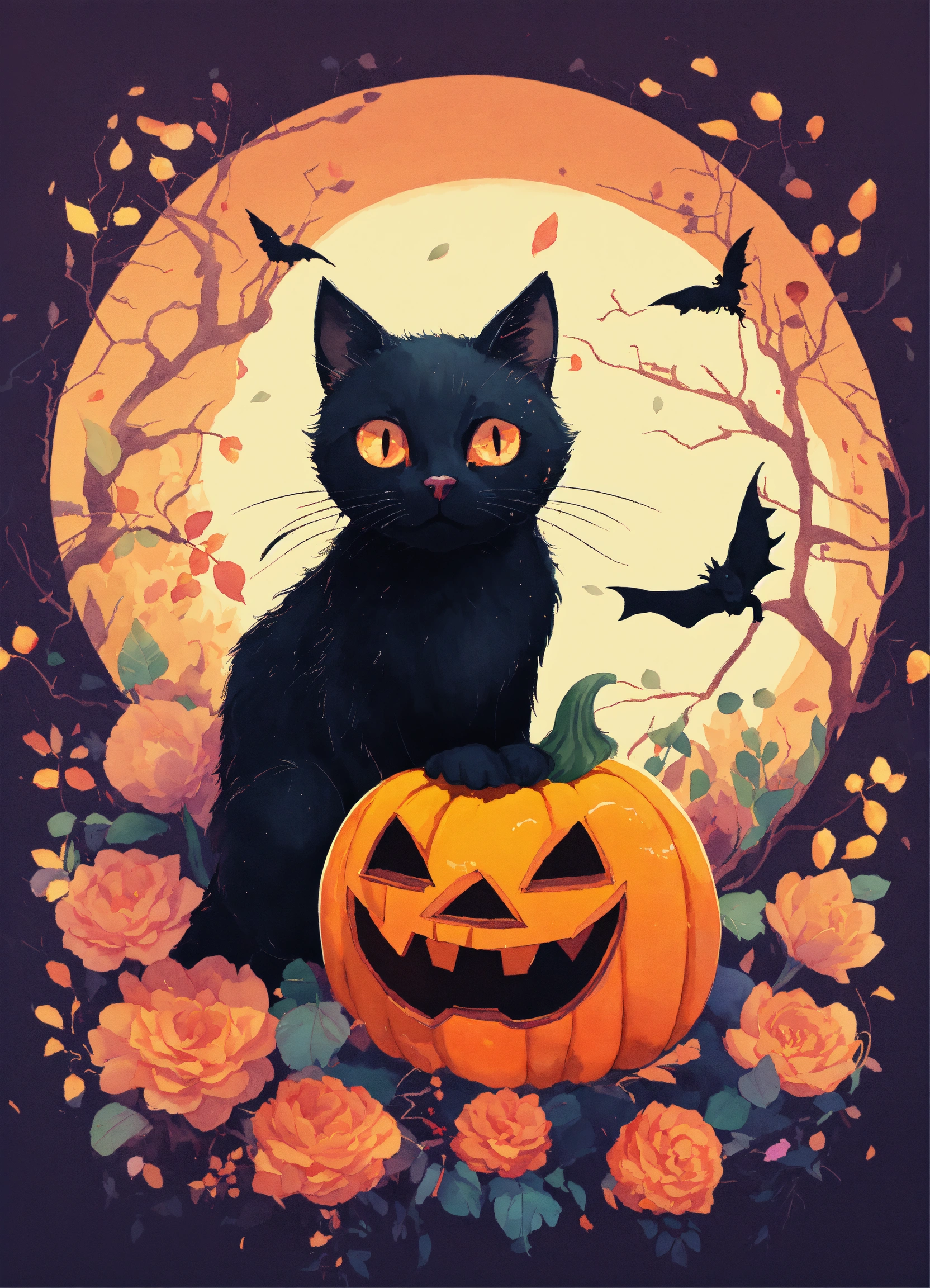 Lexica - A detailed illustration a Halloween black cat with halloween ...