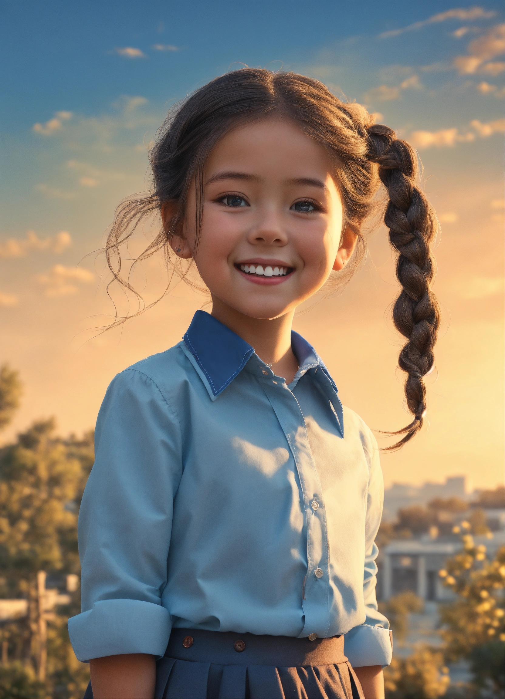 Lexica - A cute, smiling five-year-old girl with a light blue button ...