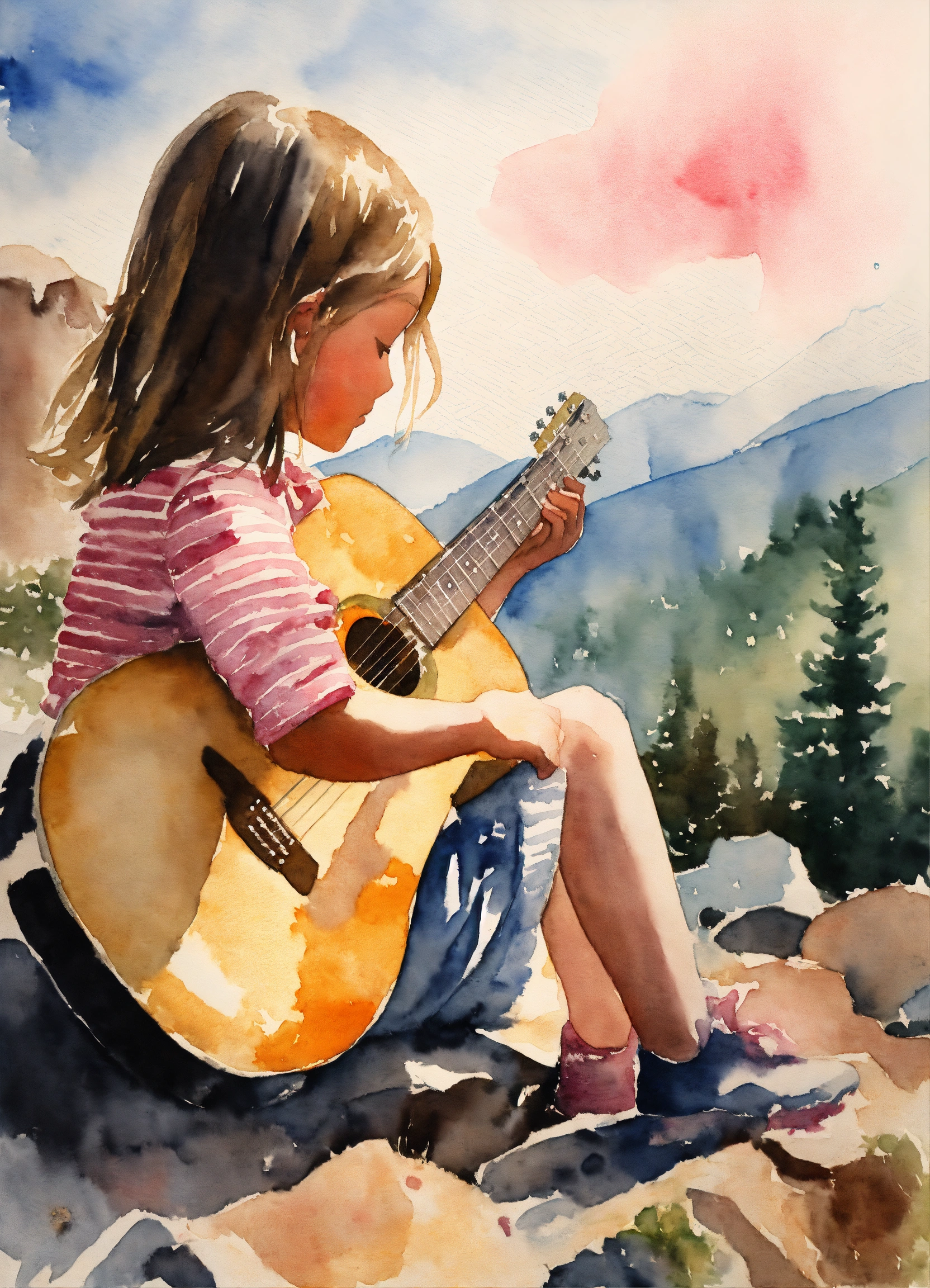 Lexica - Watercolor painting of a little girl sitting with her back on ...