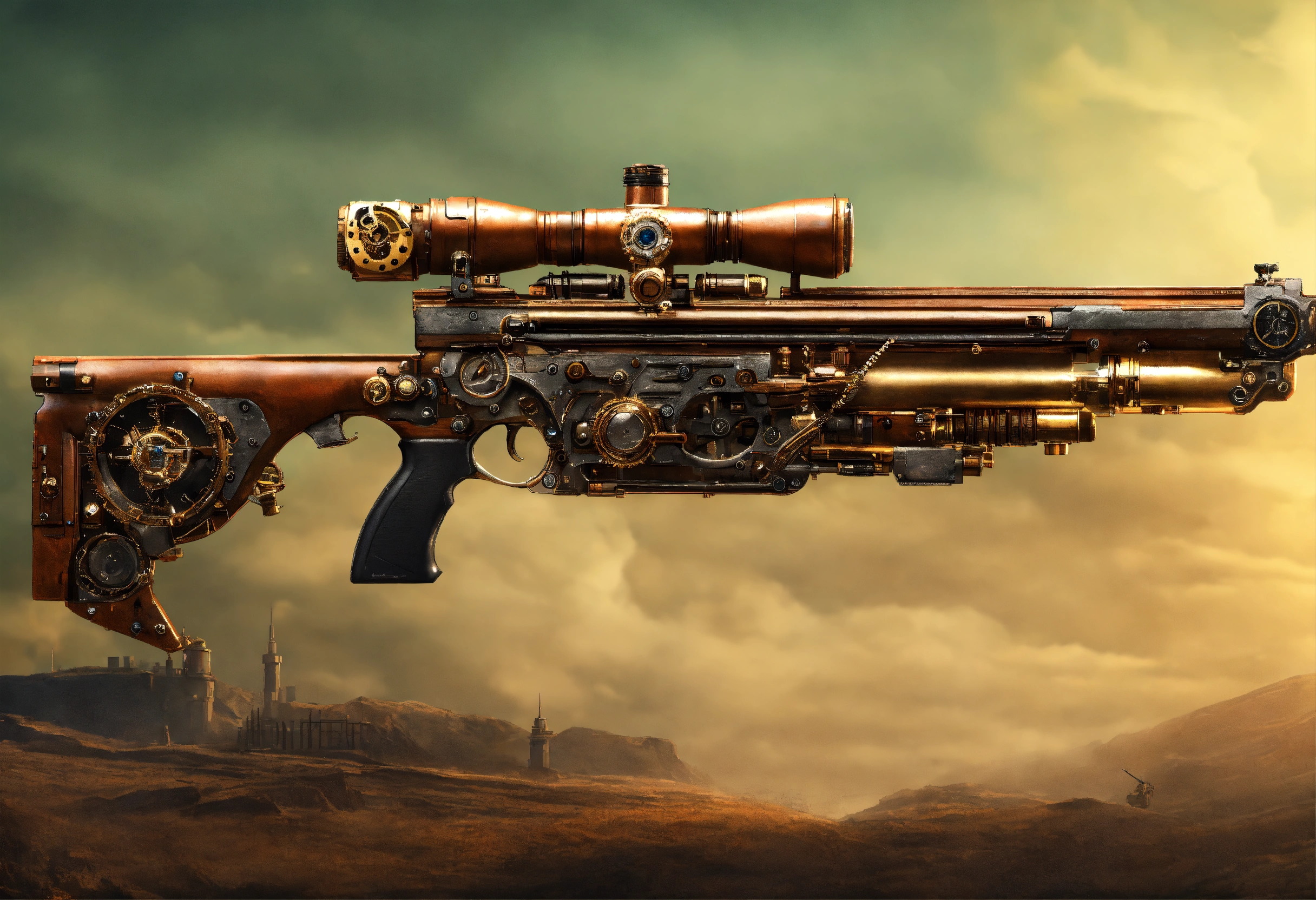 Lexica - Side view of the full image of a steampunk energy rifle