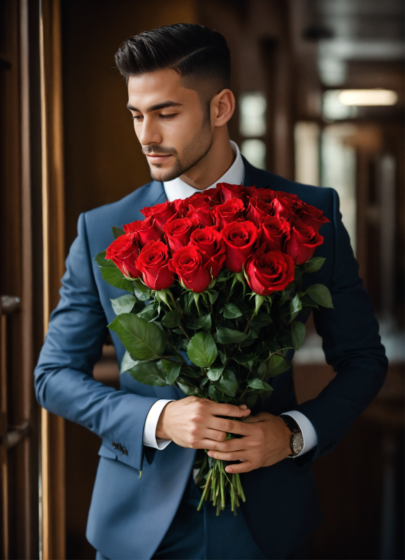 Lexica - A beautiful man wearing a suit grabbing a red roses bouquet ...
