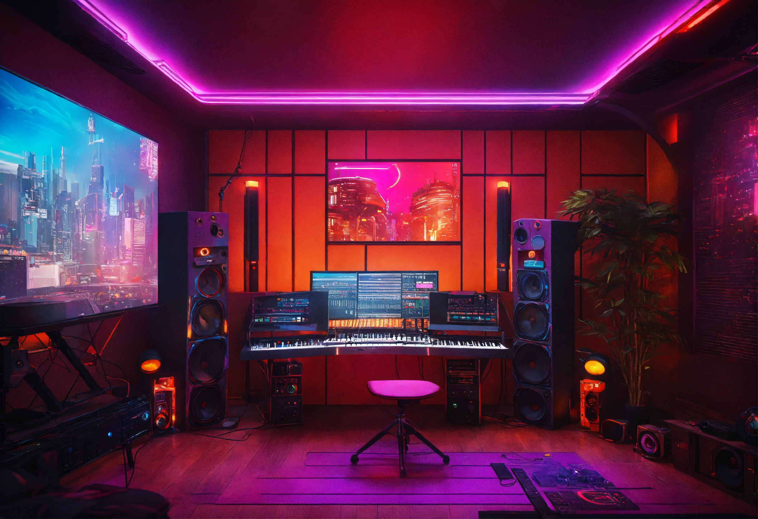 Lexica - Futuristic cyberpunk homey cozy recording studio, color, vivid ...