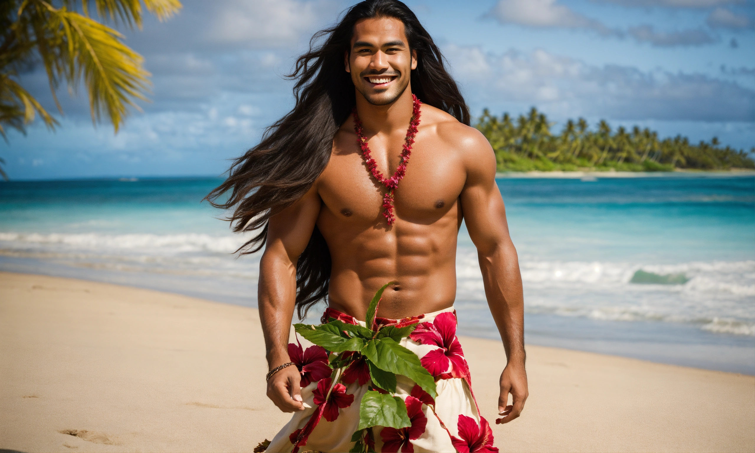 Lexica - Beautiful full body polynesian men smiling with long straight hair  dancing on a beach and hibiscus in the polynesian sea