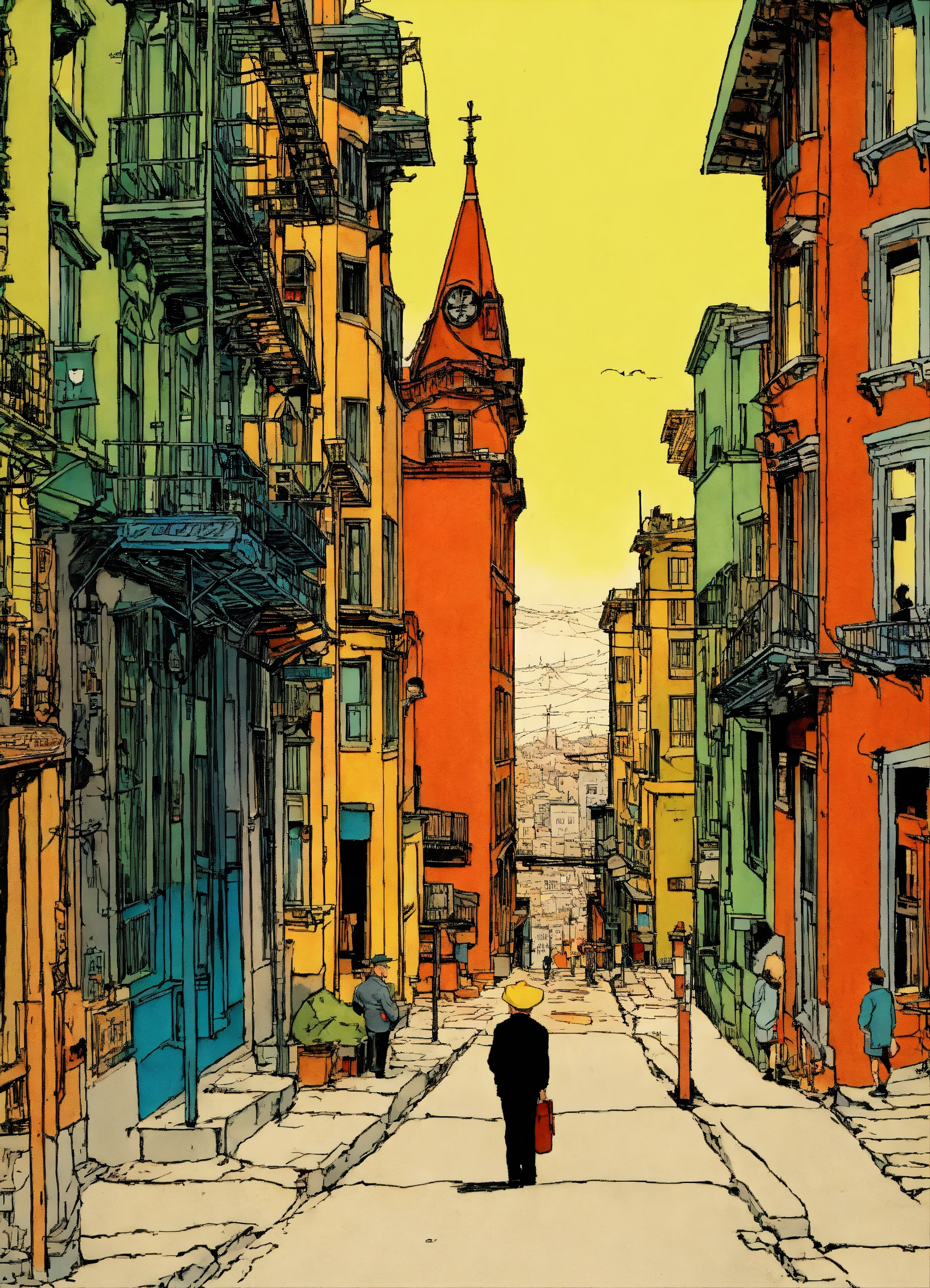 Lexica Pen and ink, illustrated by hergé, man alone forever in San