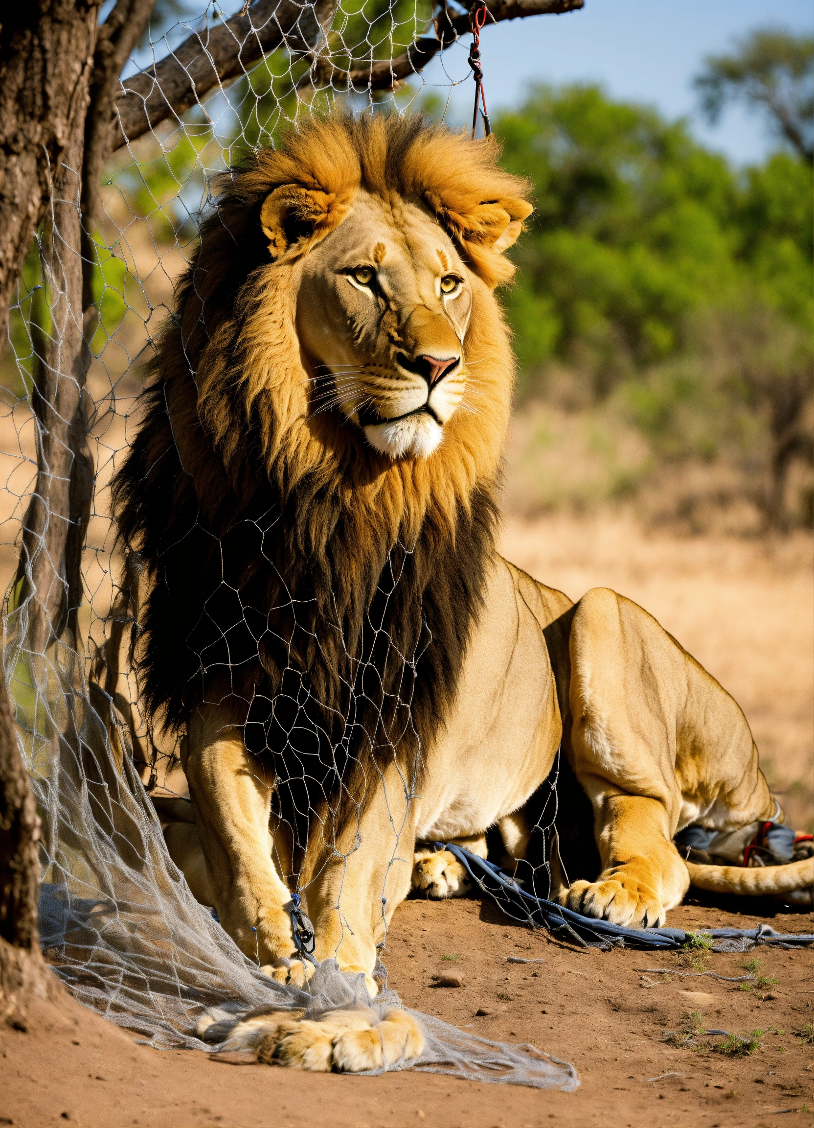 Lexica - Man hunter caught lion in net and hung net to tree