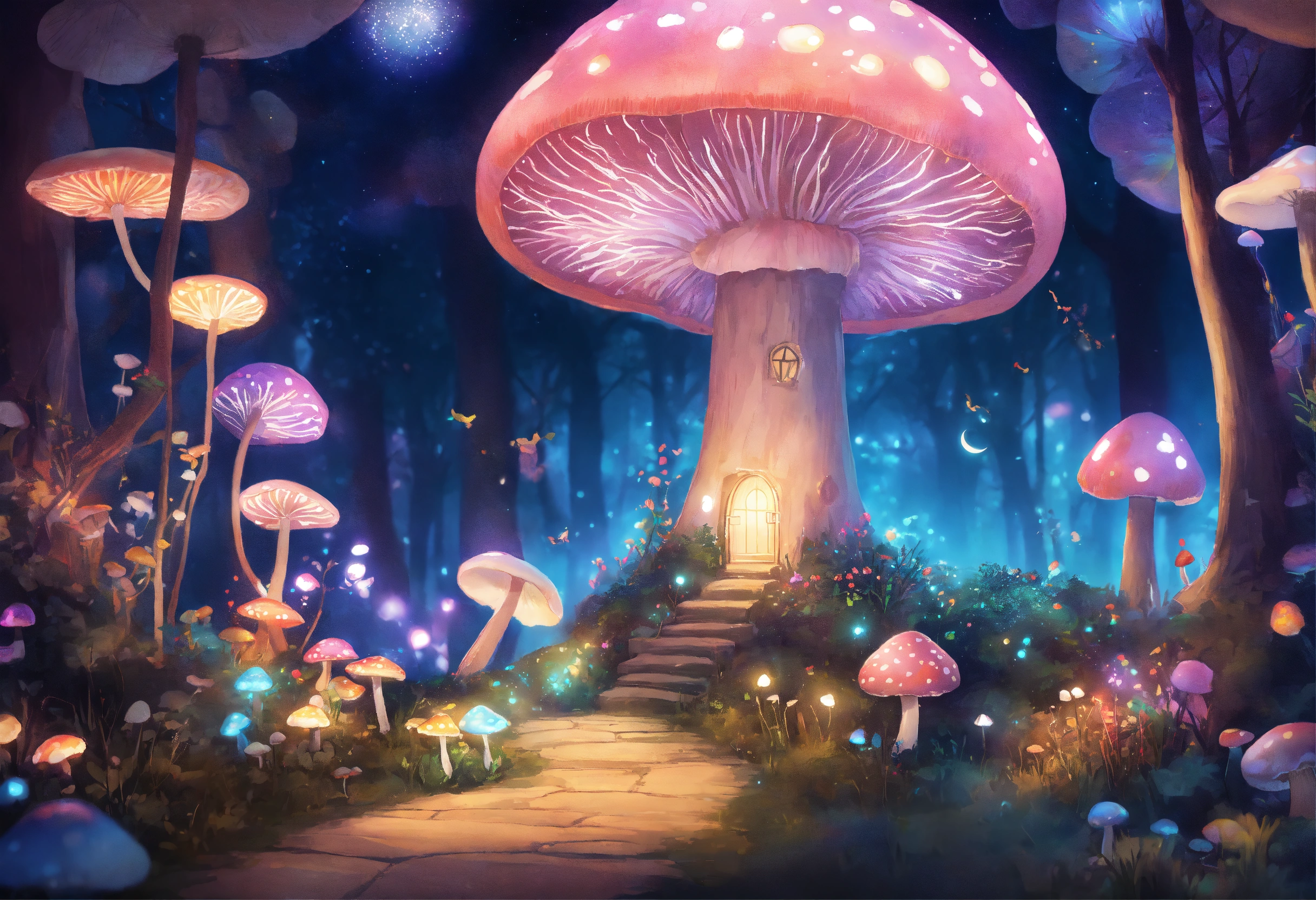 Lexica - A mythical magical pastel forest at night, moon, mushrooms ...
