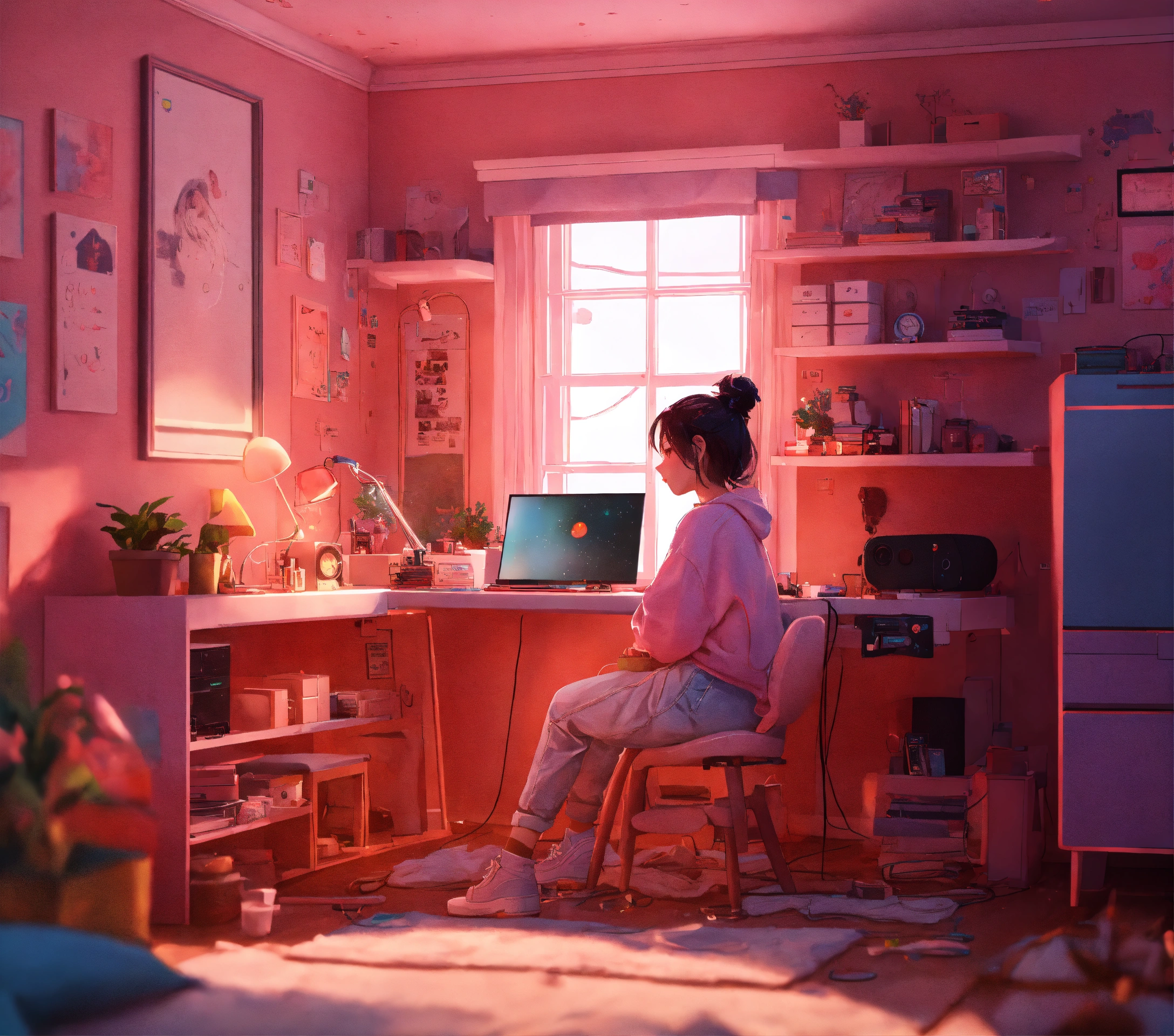 Lexica - Cute lofi girl in front of his computer in her cozy and messy ...