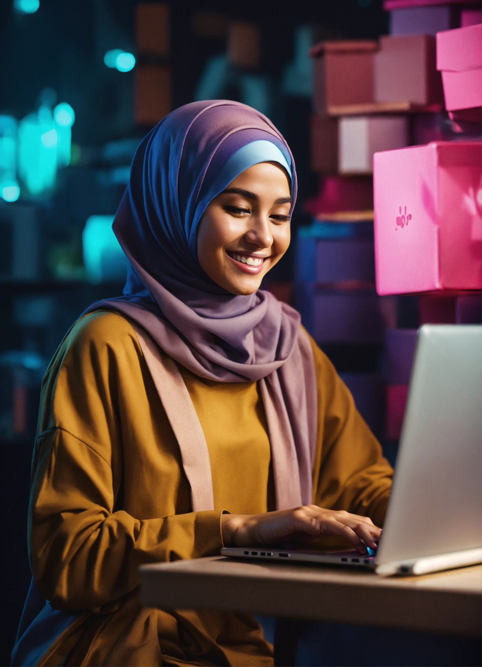 Lexica - A smiling woman with hijab is working at a table with her ...