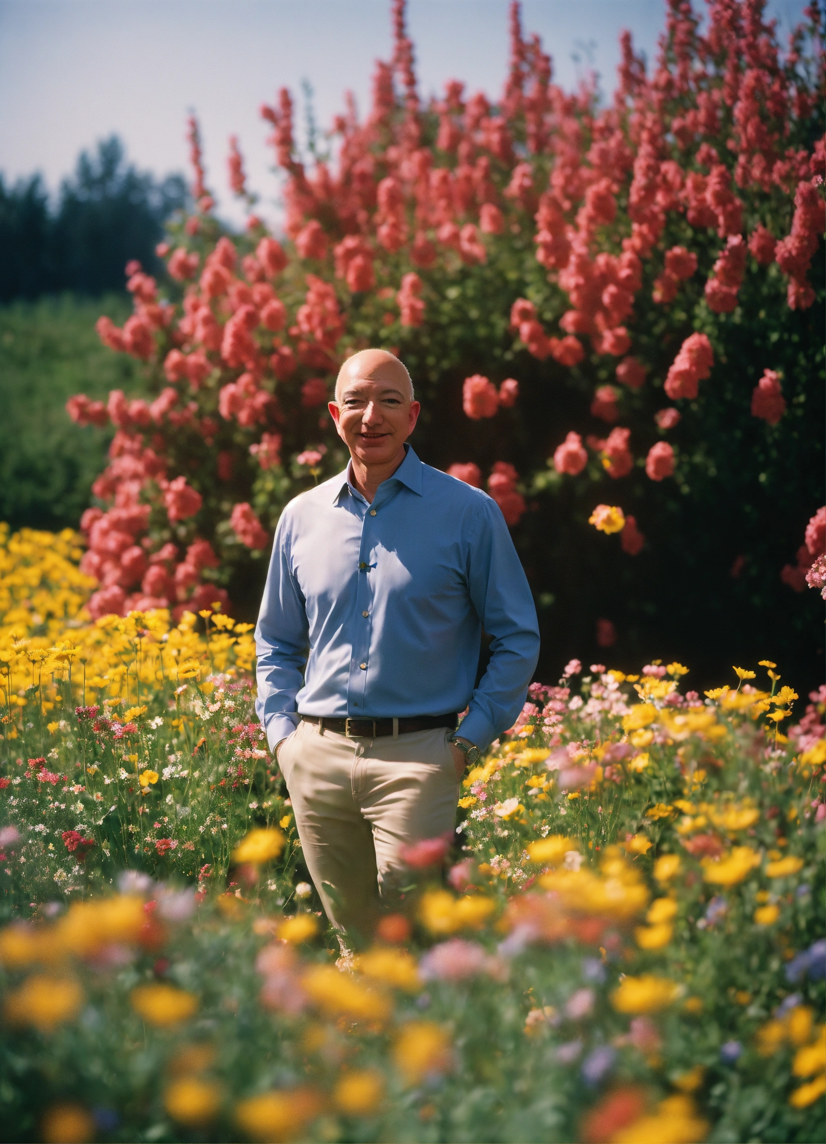 Lexica - Happy Jeff Bezos standing in a beautiful field of flowers ...