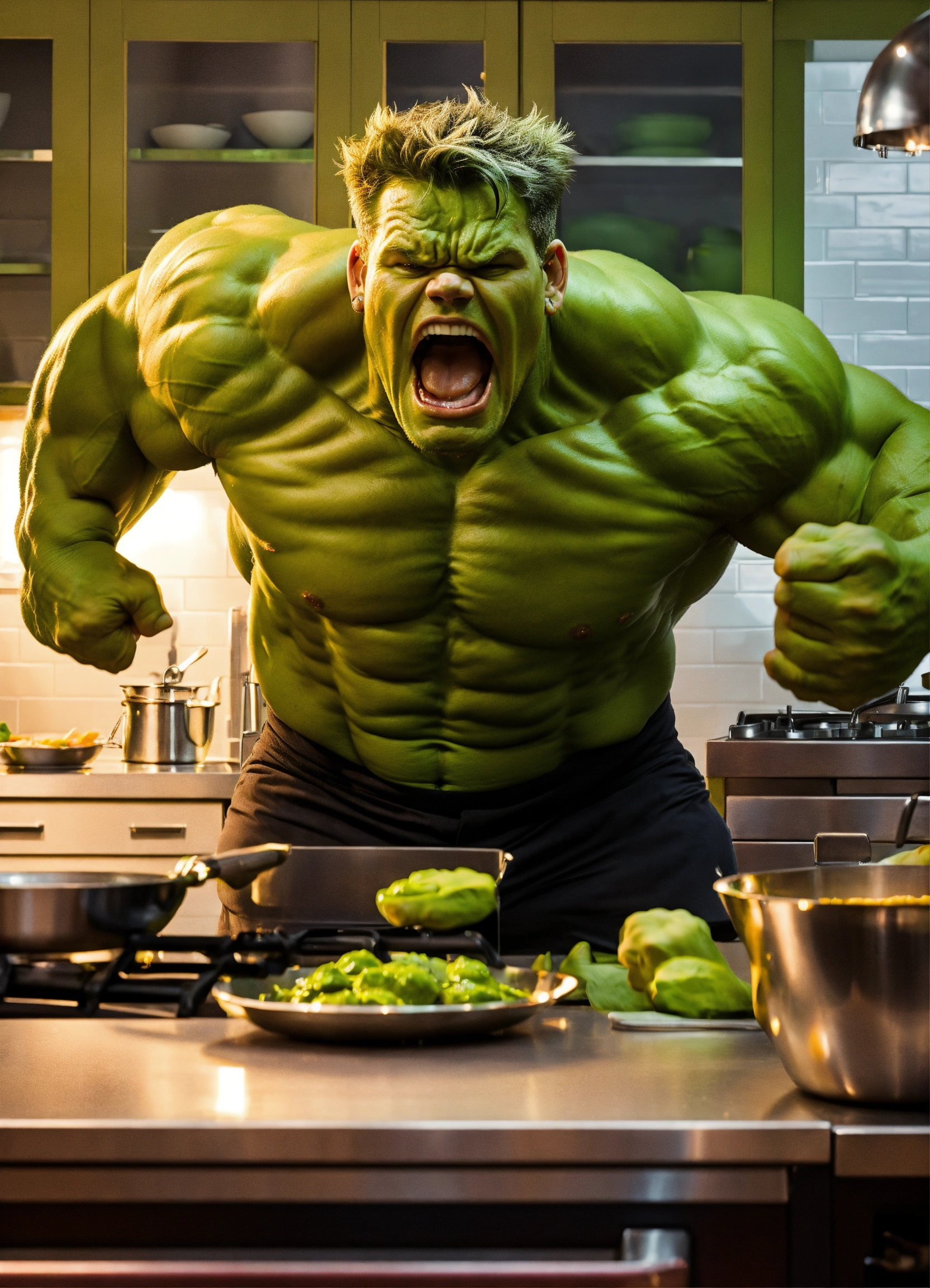 Lexica - Gordon ramsay screaming at hulk in a kitchen
