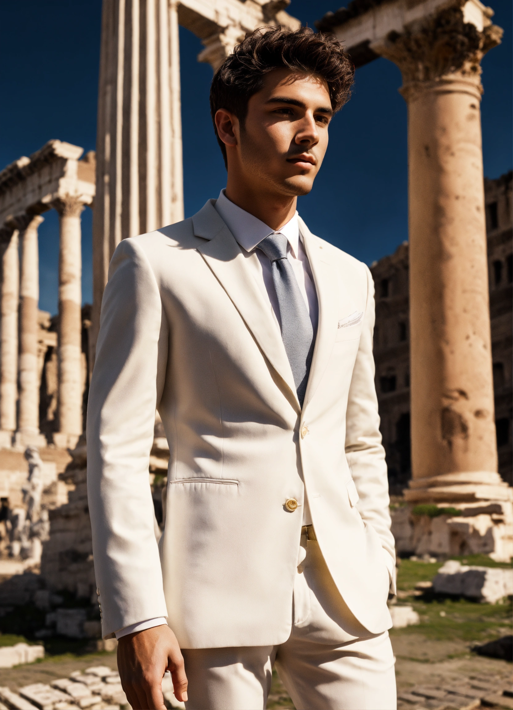 Lexica - Photo of one young man in white suit ,, in front of the forum ...