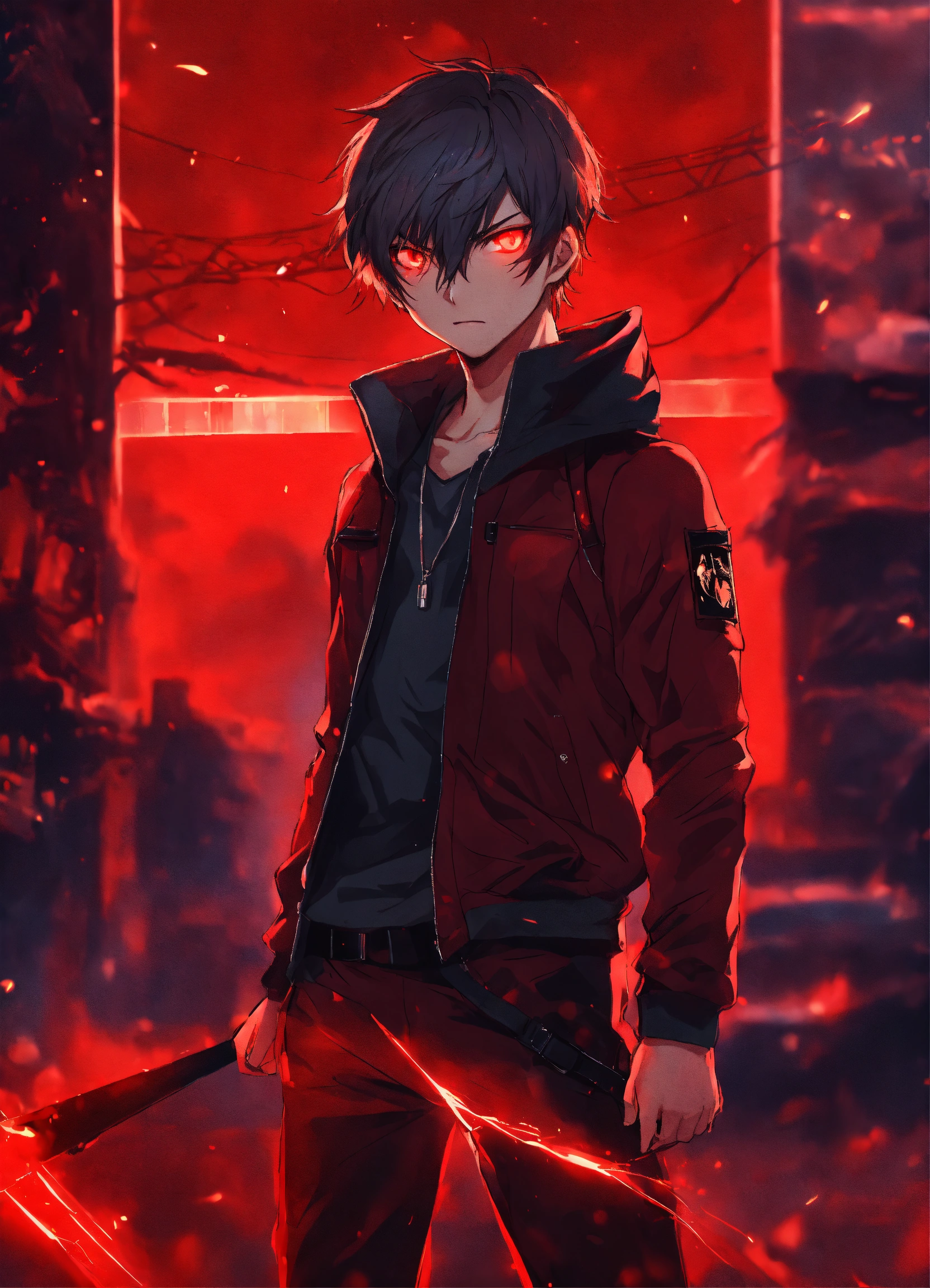 Lexica - Create a red background, with an anime boy whit glowing eyes ...