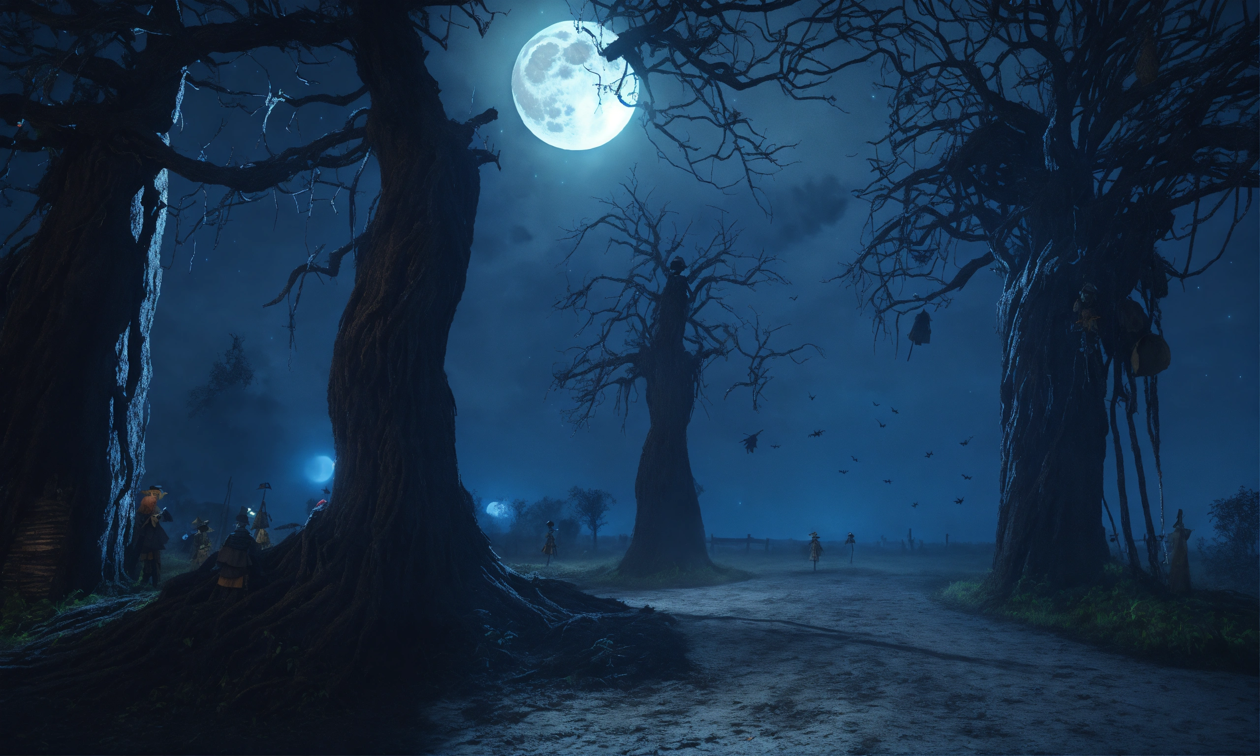 Lexica - 3D creepy trees haunted scarecrows in a wicked forest engraved ...