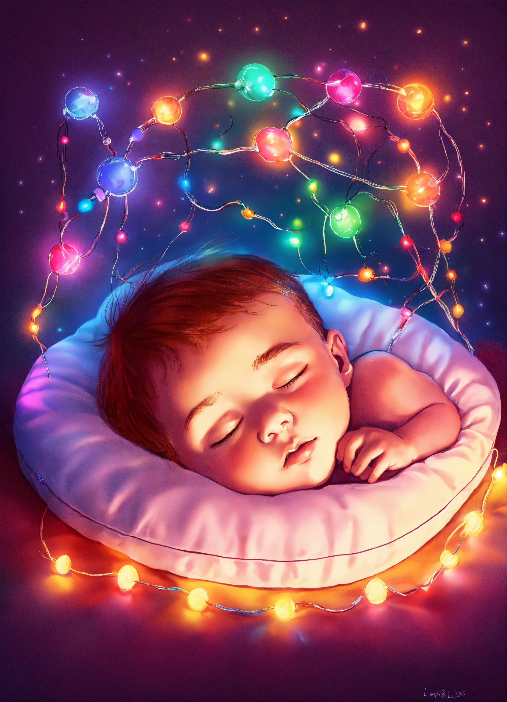 lexica-the-baby-sleeps-on-a-pillow-around-him-are-colorful-lights