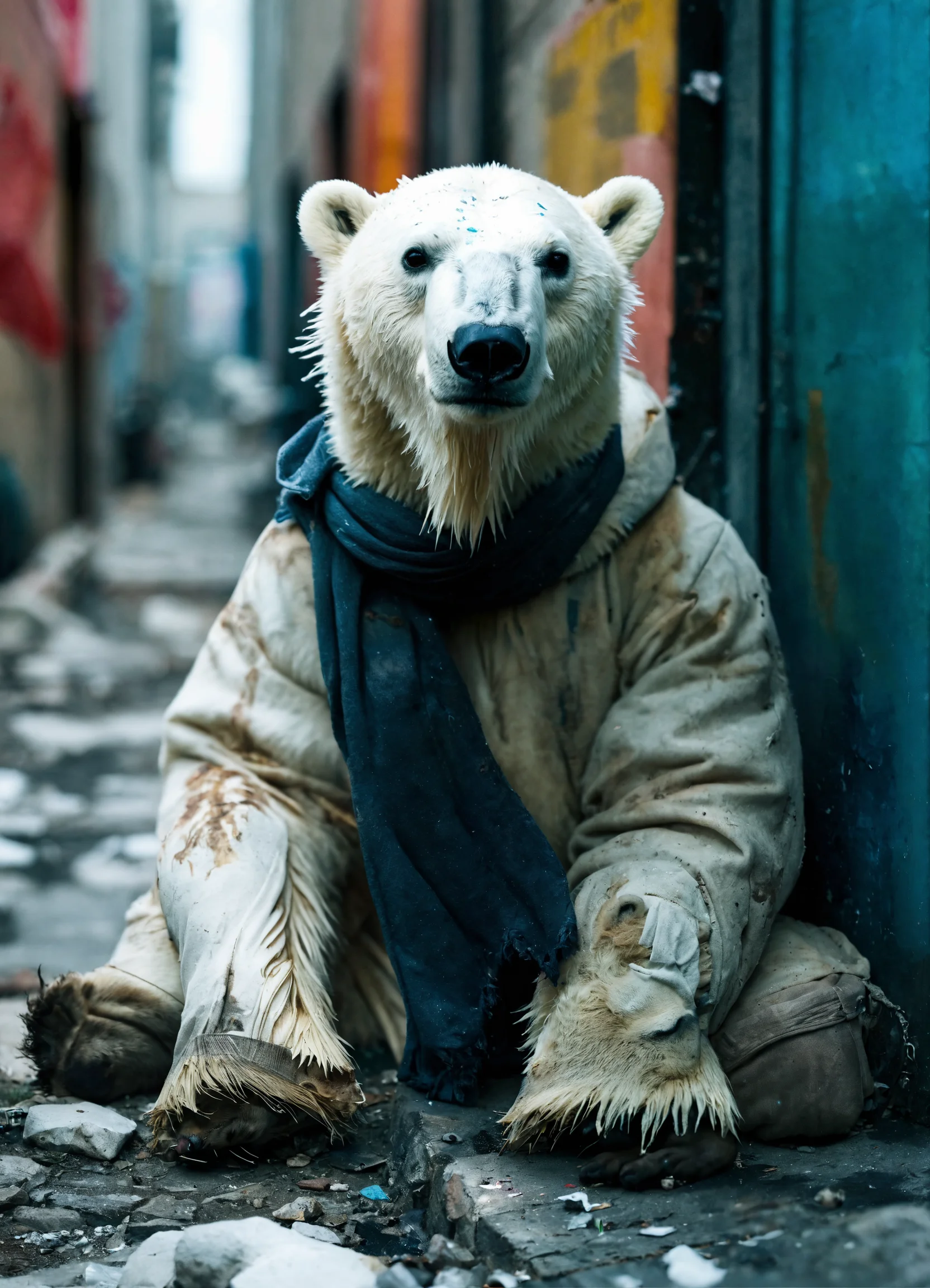 Lexica - Cute Polar bear, dressed as a homeless person, in a dirty alley