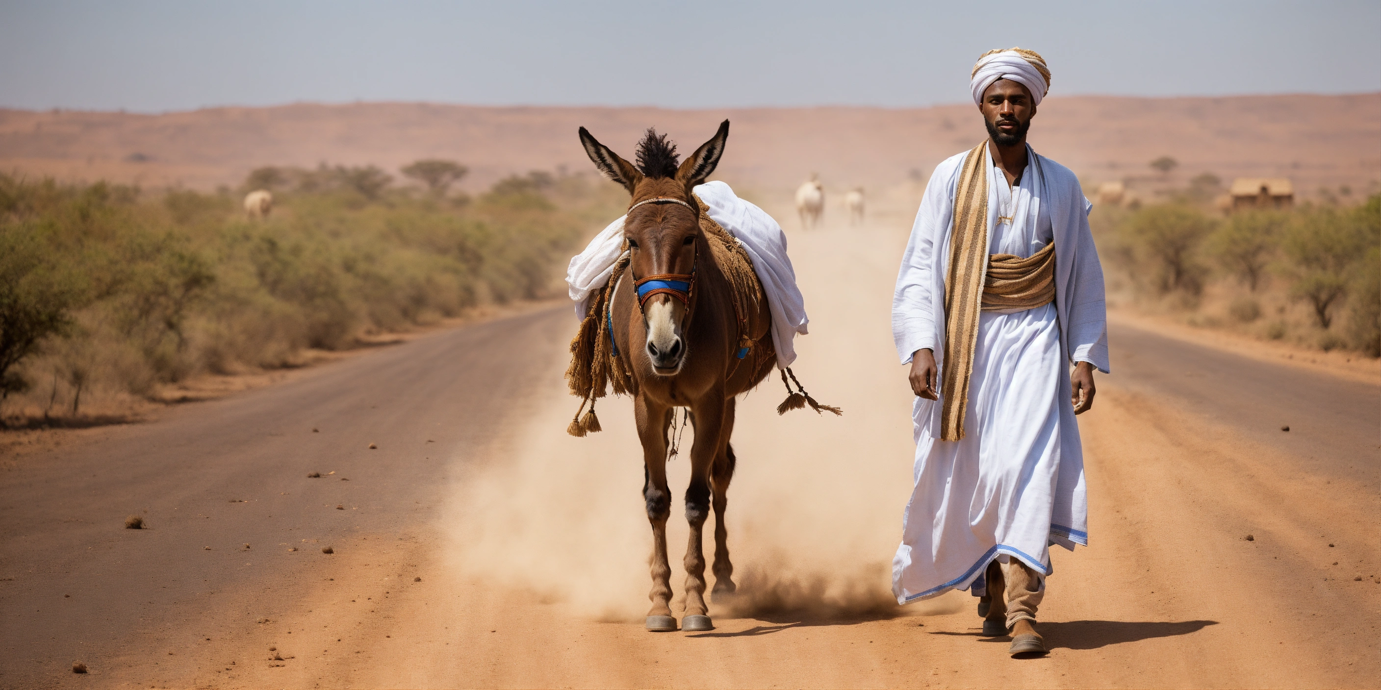 Lexica - Illustrate a handsome black Ethiopian man traveling on a dusty  road. The man is wearing a white traditional Ethiopian garment with a  Turban...