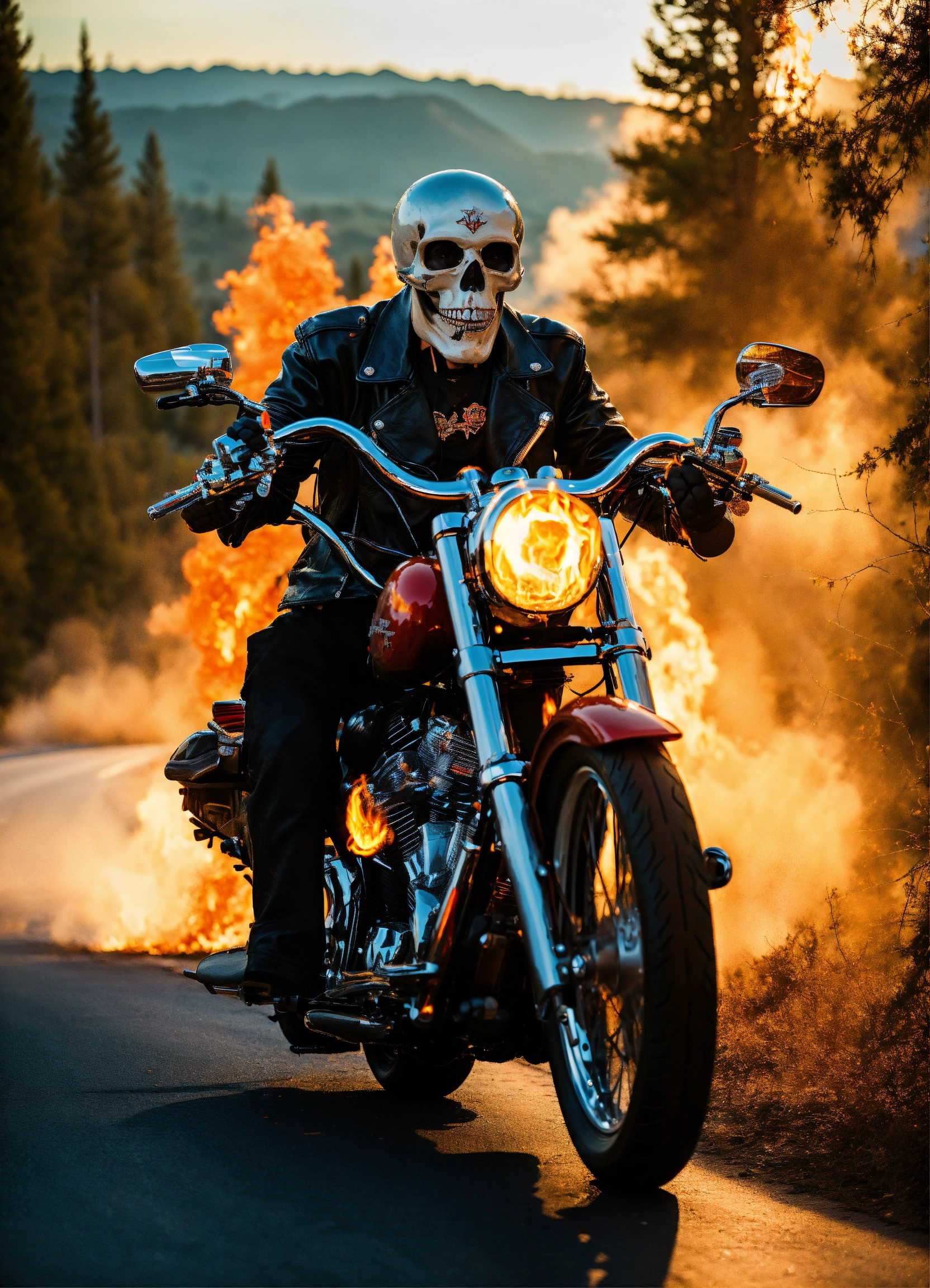 Lexica - Skeleton on fire riding a harley davidson motorcycle, worn ...