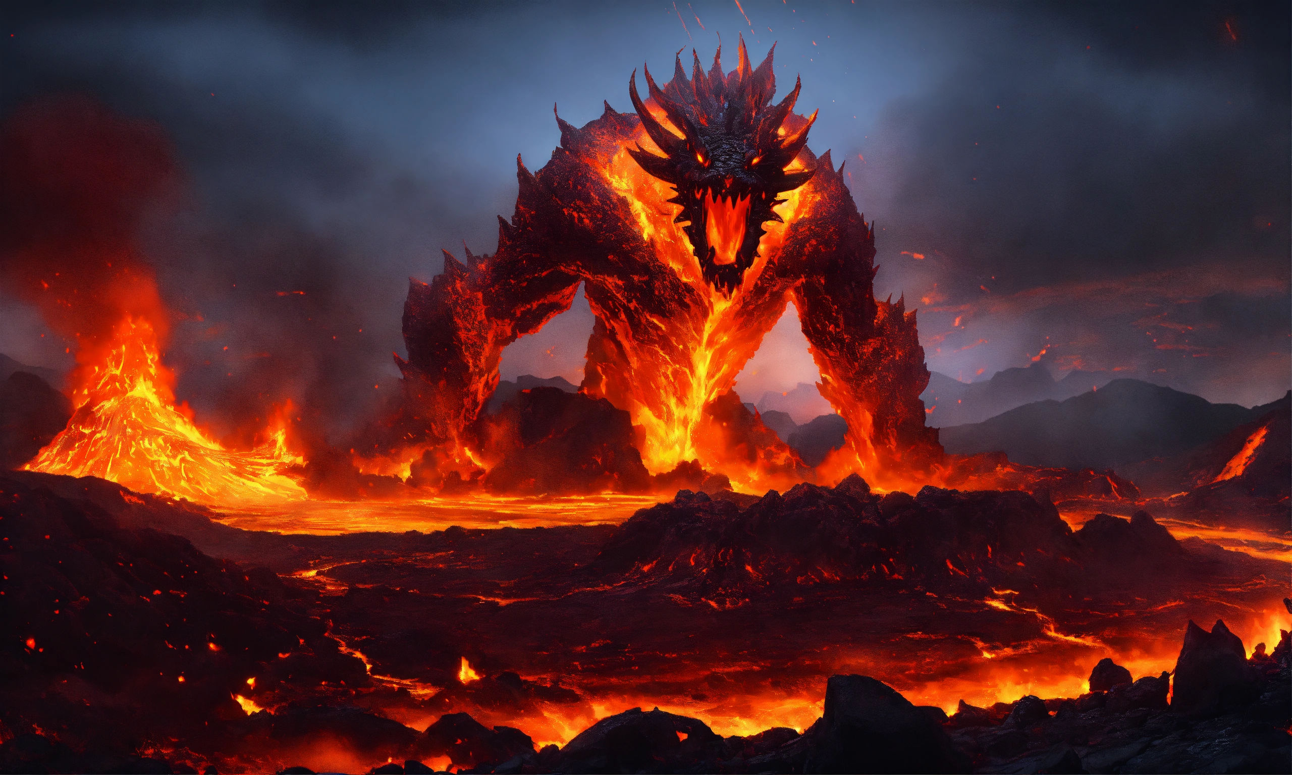 Lexica - Massive lava monster destroying the landscape, coming out of a ...