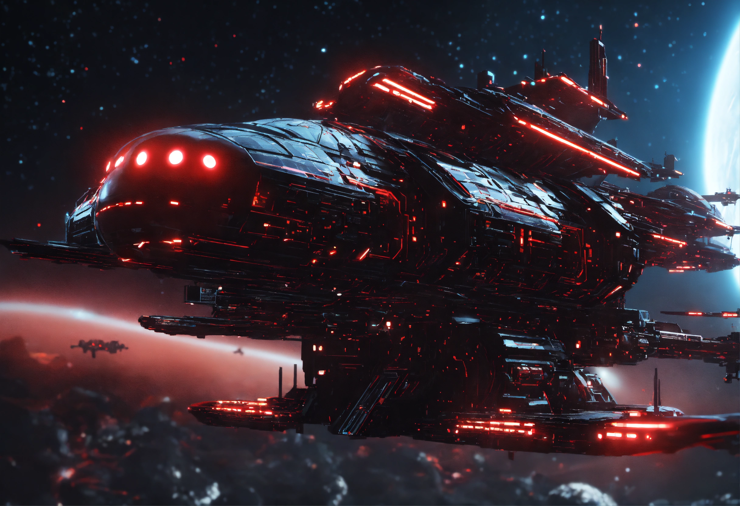 Lexica - Zoom out on fleet of long black organic insect like space ...