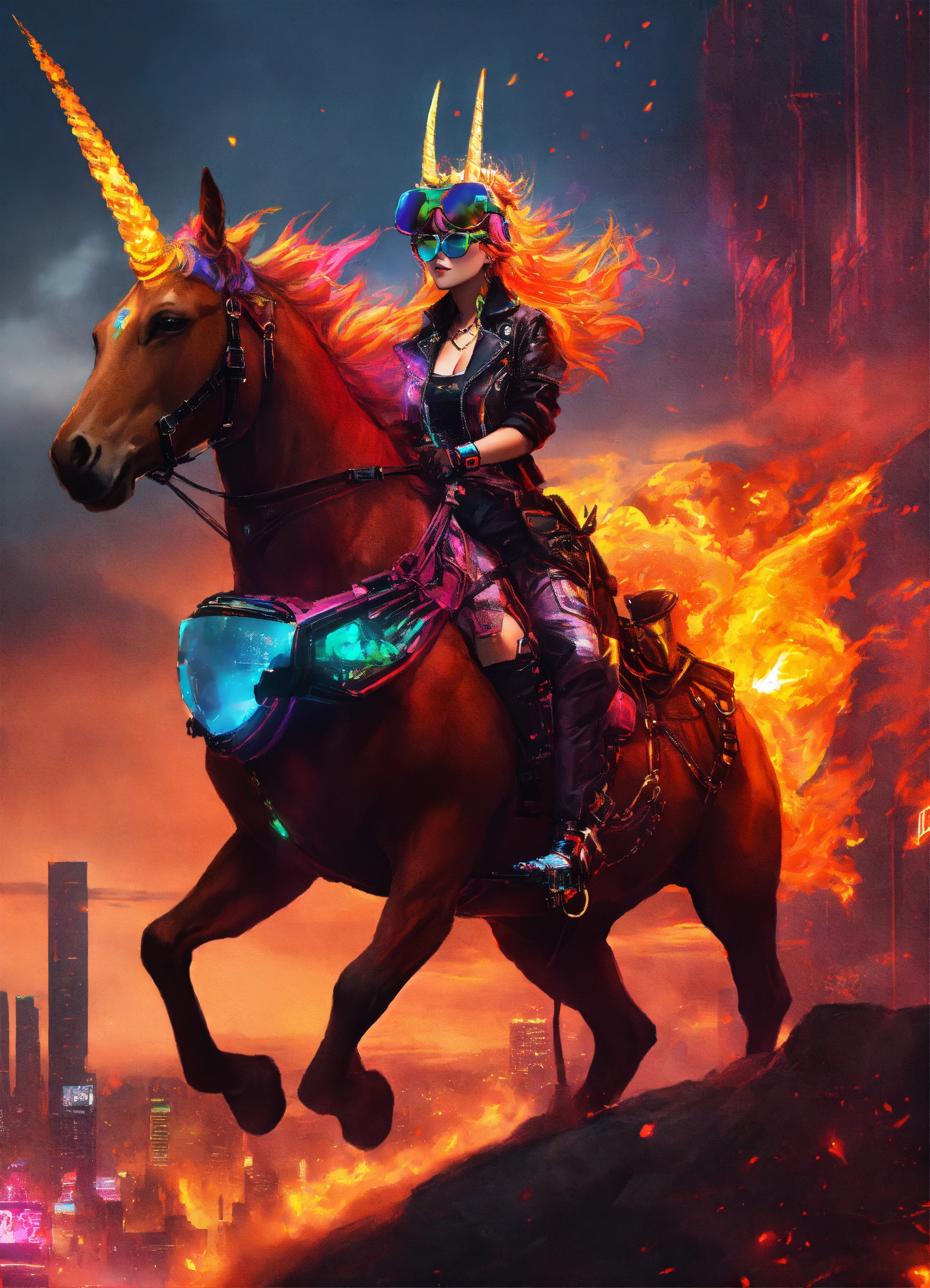 Lexica - Fire queen riding unicorn with shades cyber punk