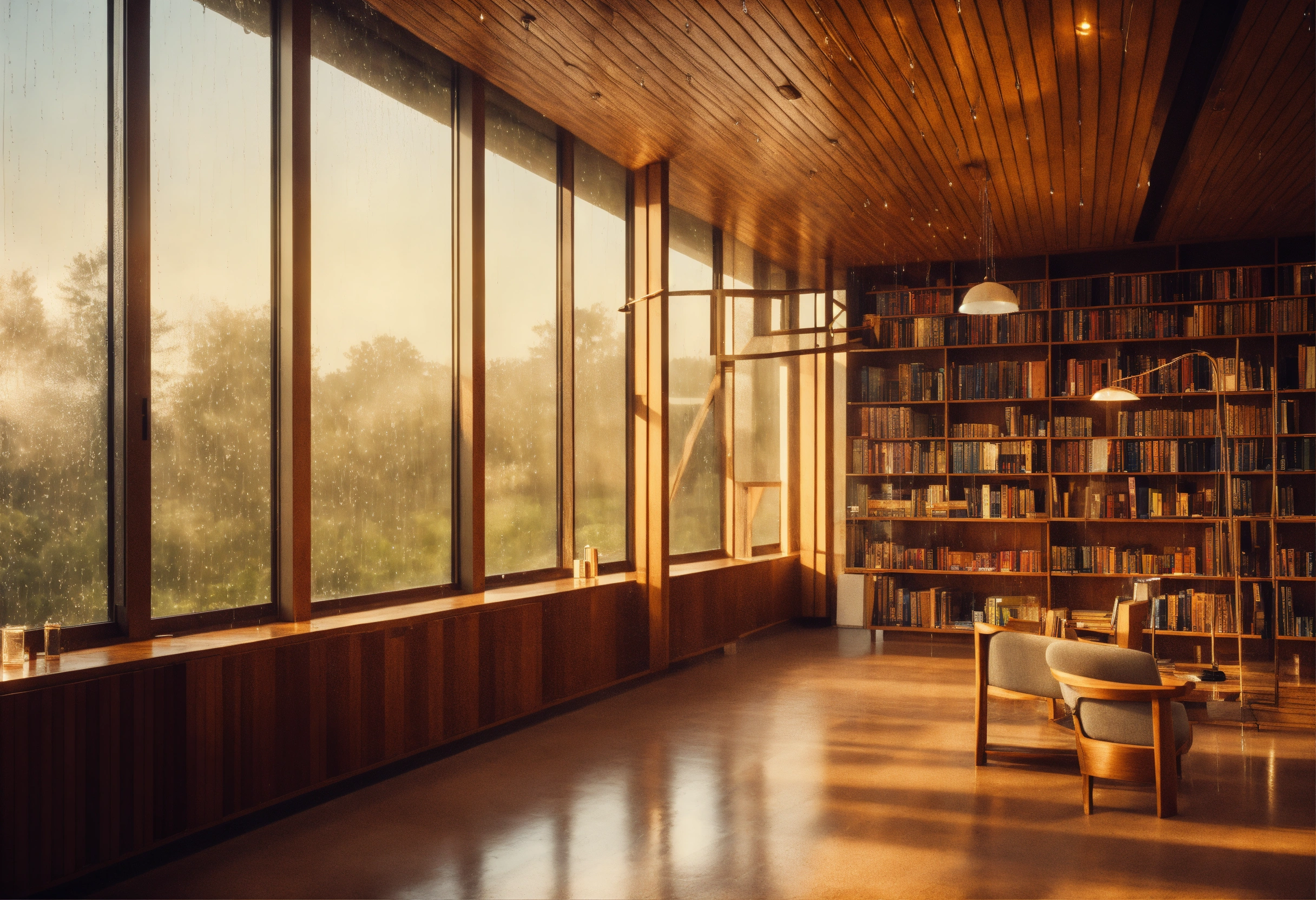 Lexica - A warm modern library interior. It’s raining outside, we can ...