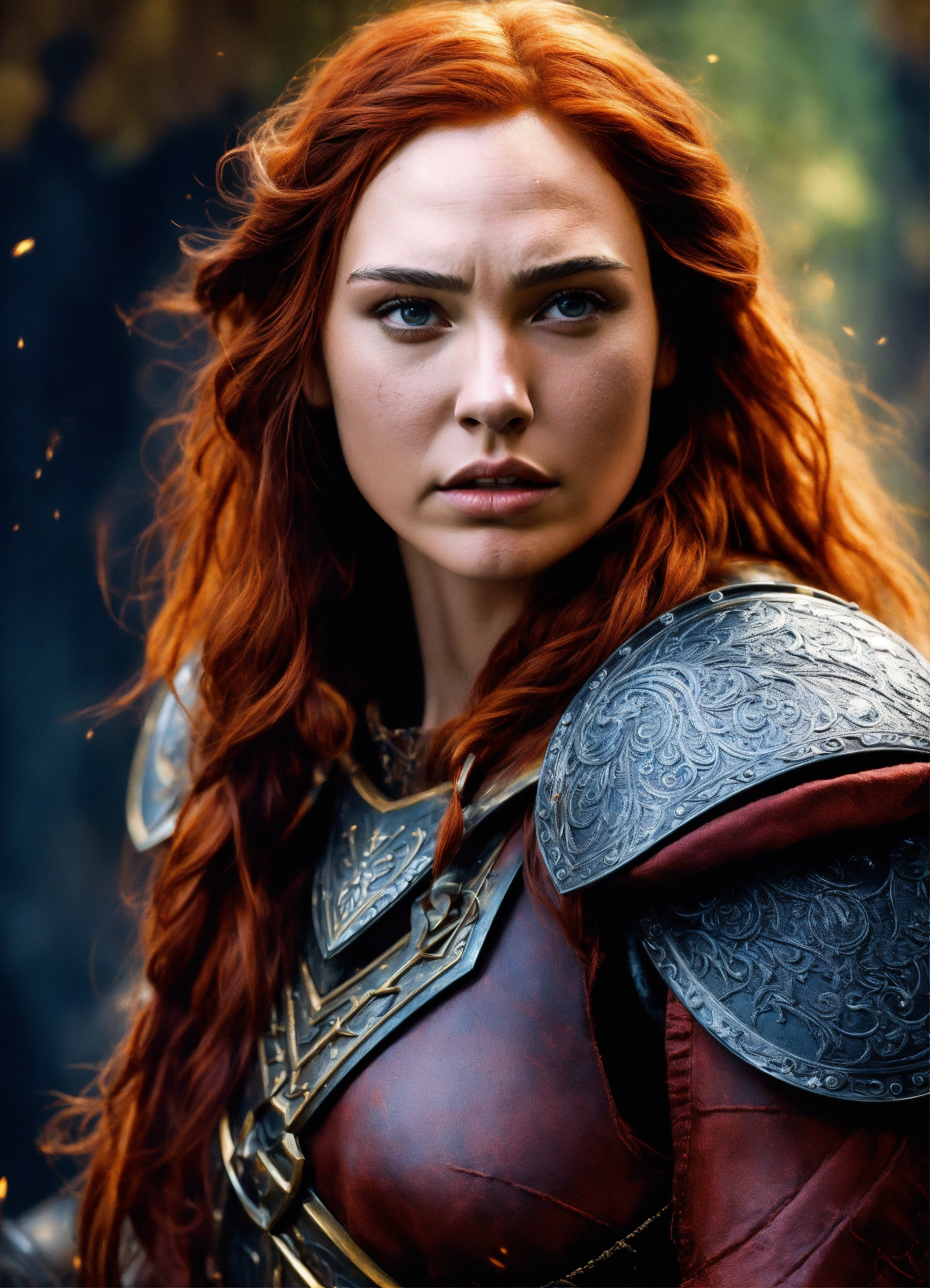Lexica - A close up of an red haired female wearing wolf pelt shoulder ...