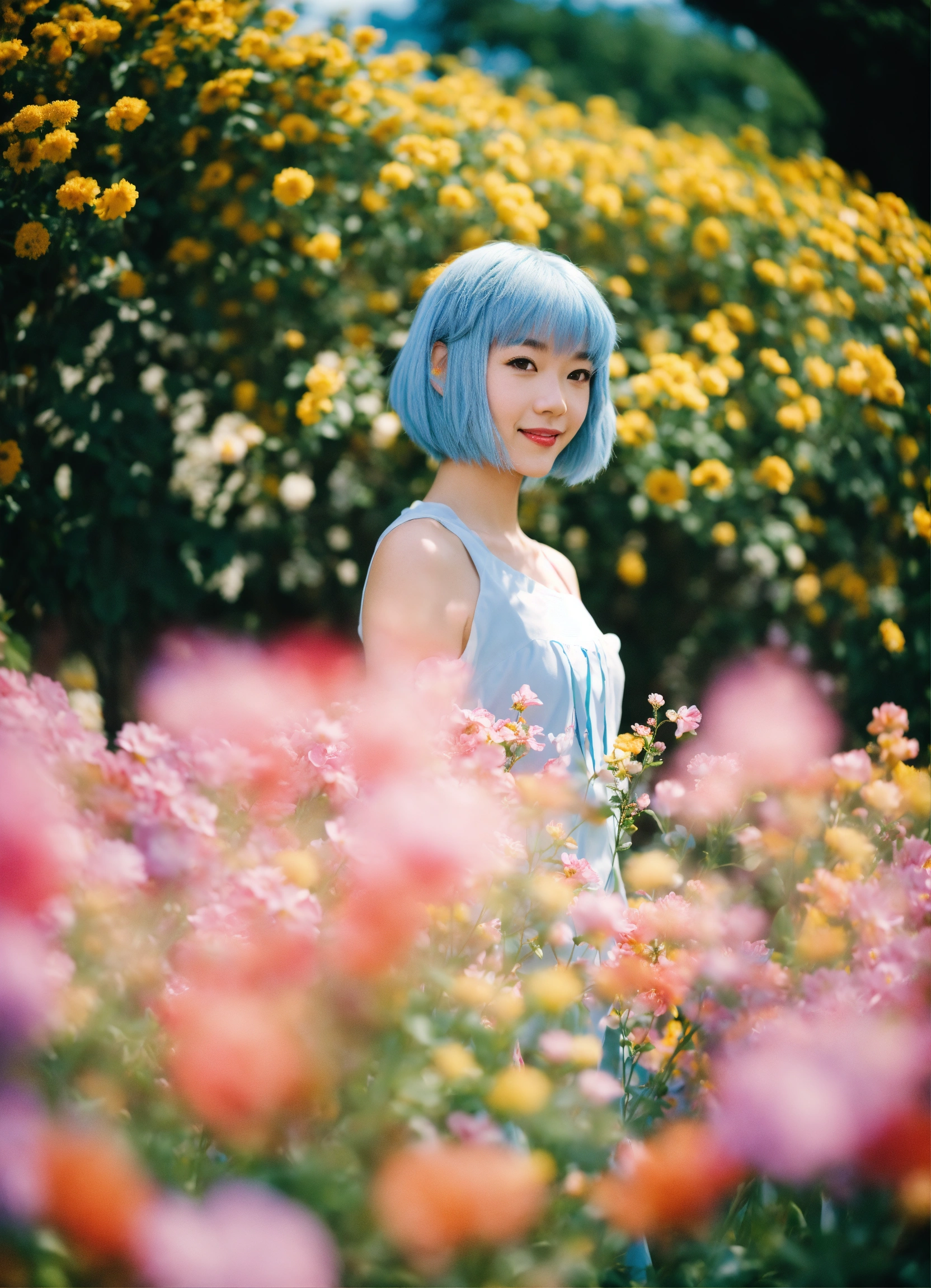 Lexica Happy Rei Ayanami standing in a beautiful field of flowers