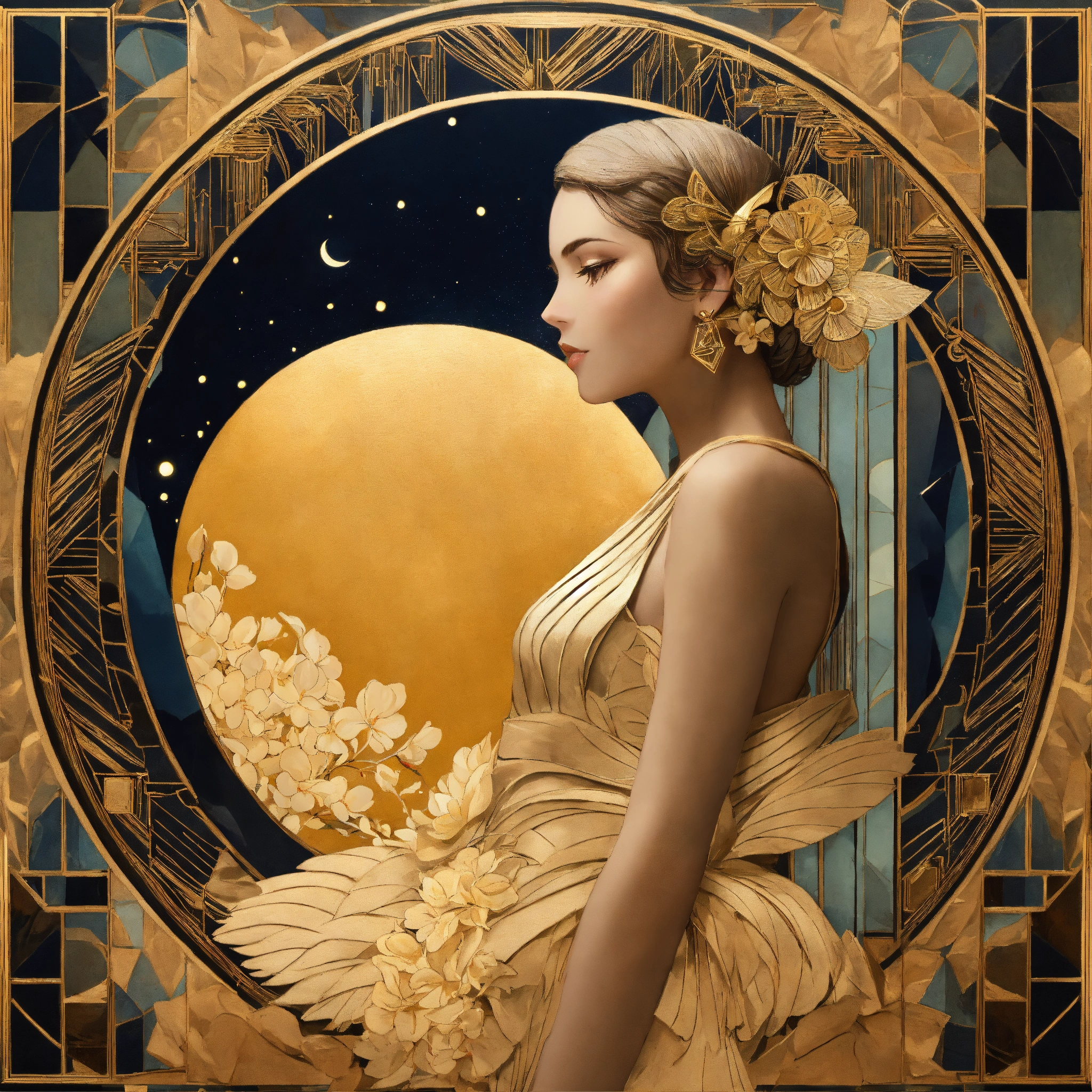 Lexica - A beatiful woman in front a fower like moon,golden art deco ...