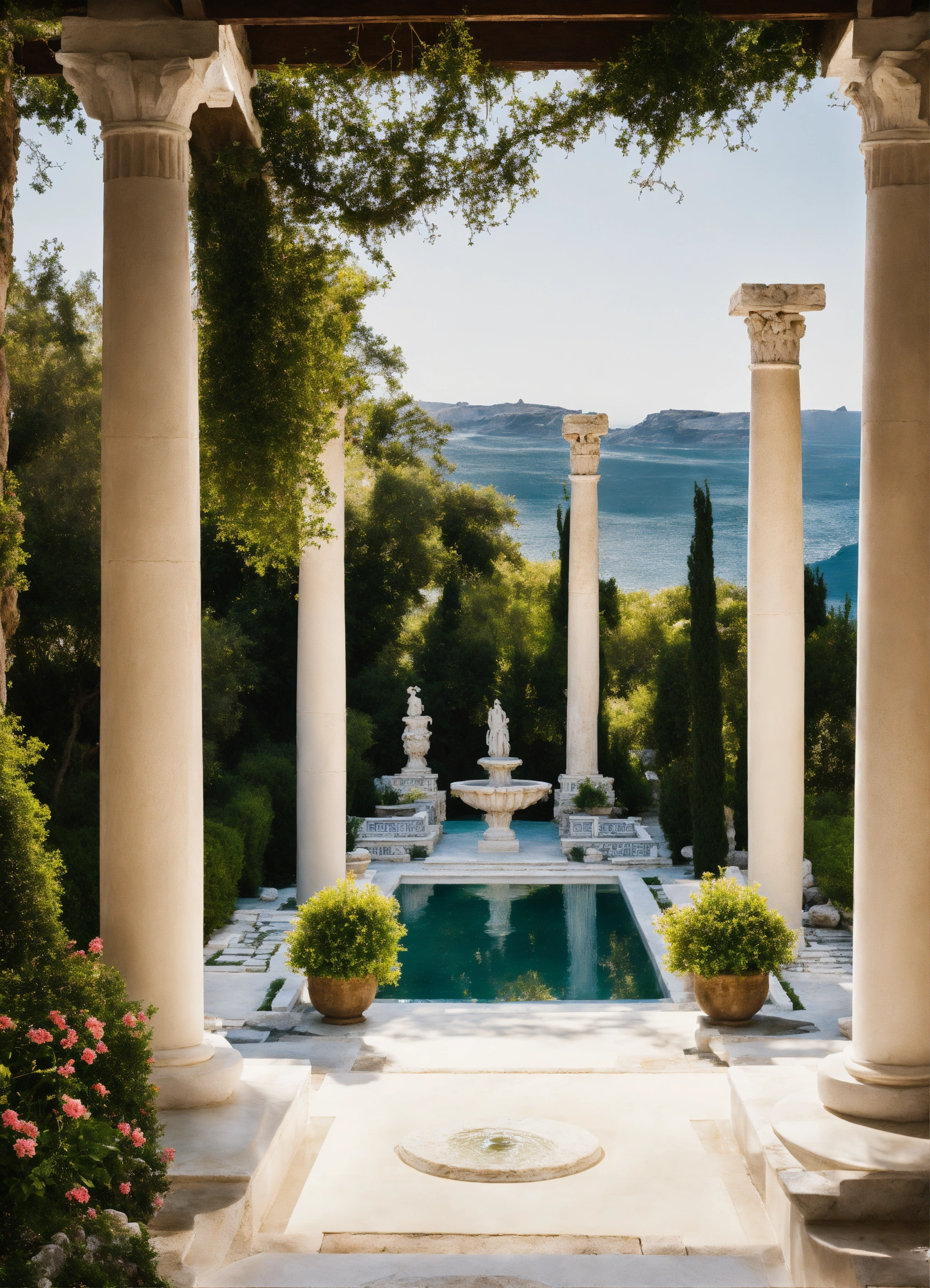 Lexica - Greek style garden, beautiful, surrounded by waterfalls ...