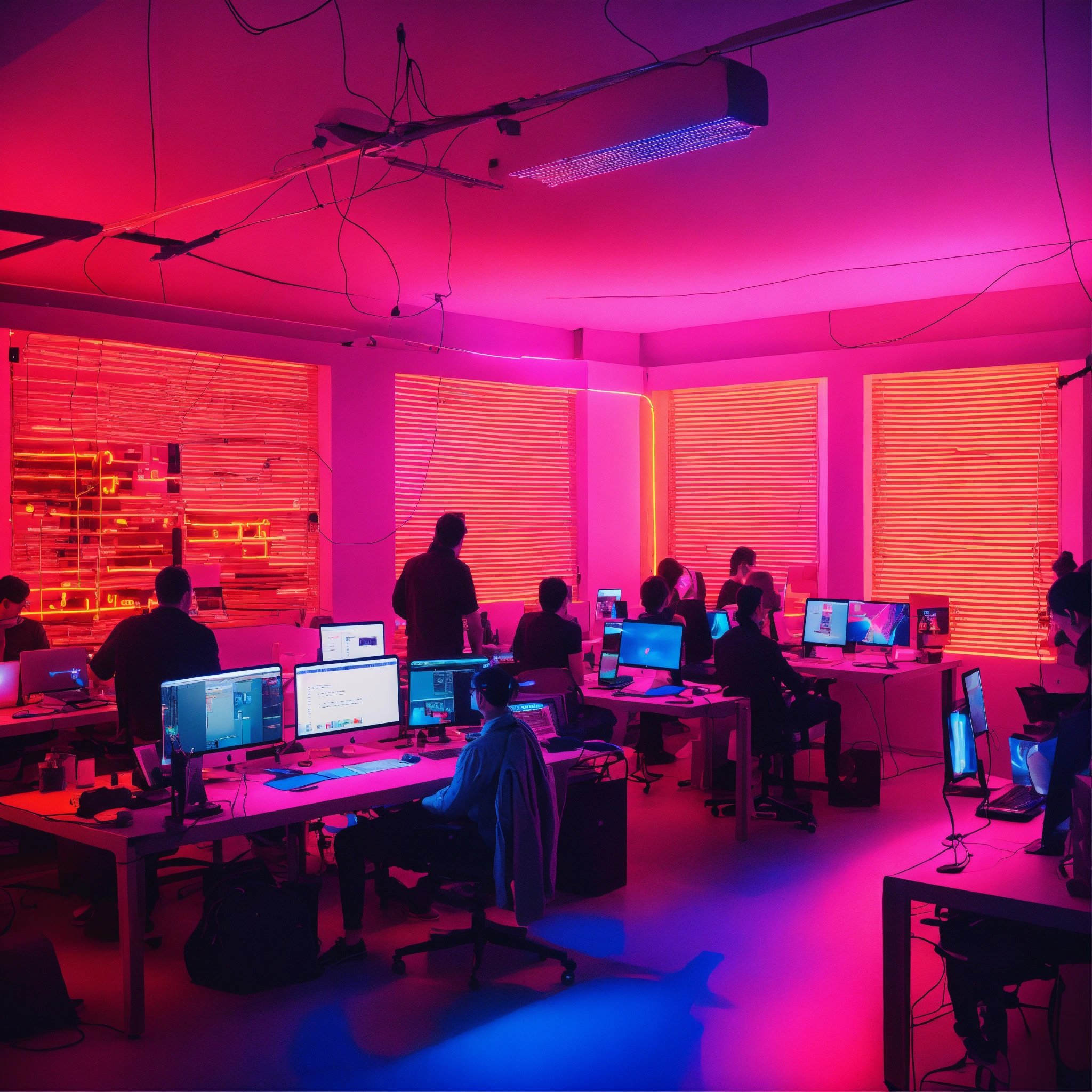 Lexica - A UX designer with numerous people in a workspace with neon ...