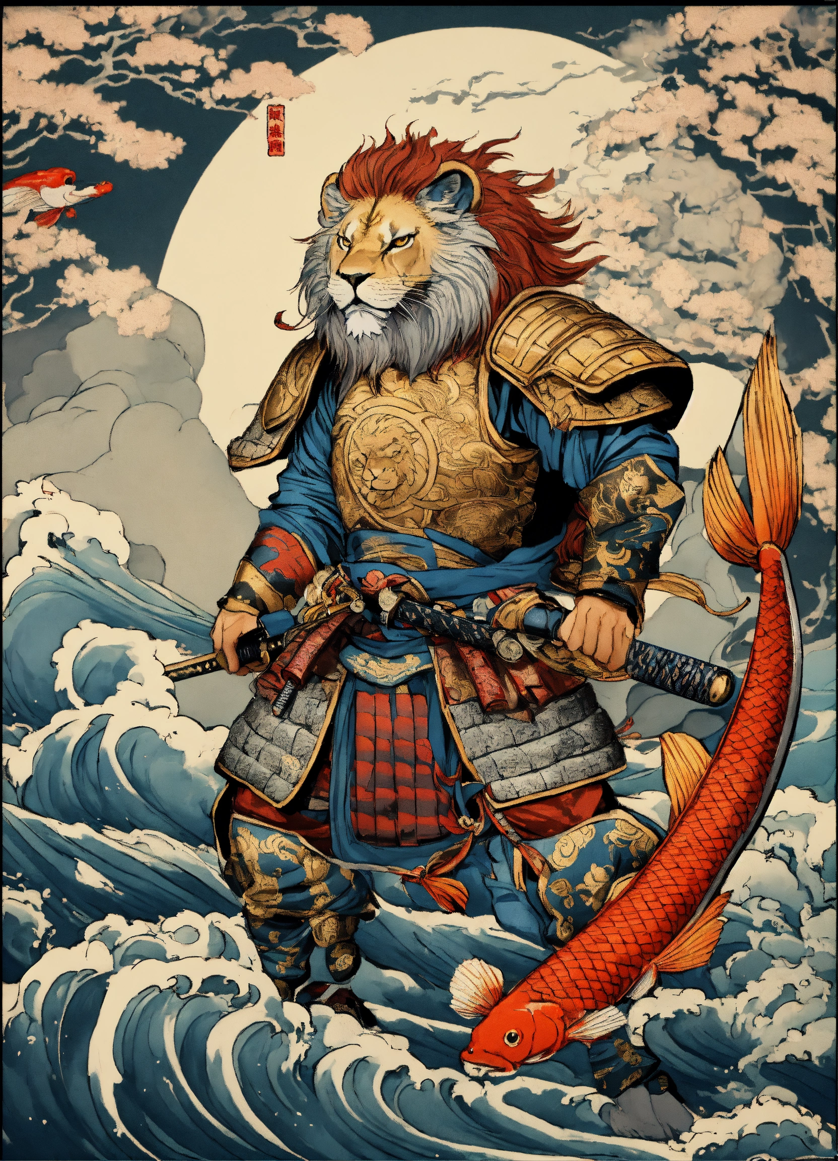 Lexica - There is a lion with a fish and a sword on a white background ...