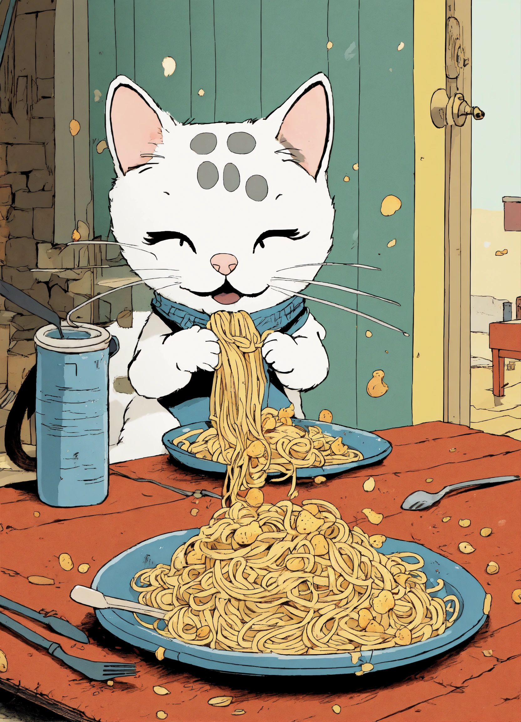 Lexica - A cute white with GREY spots cat eating messy spaghetti ...