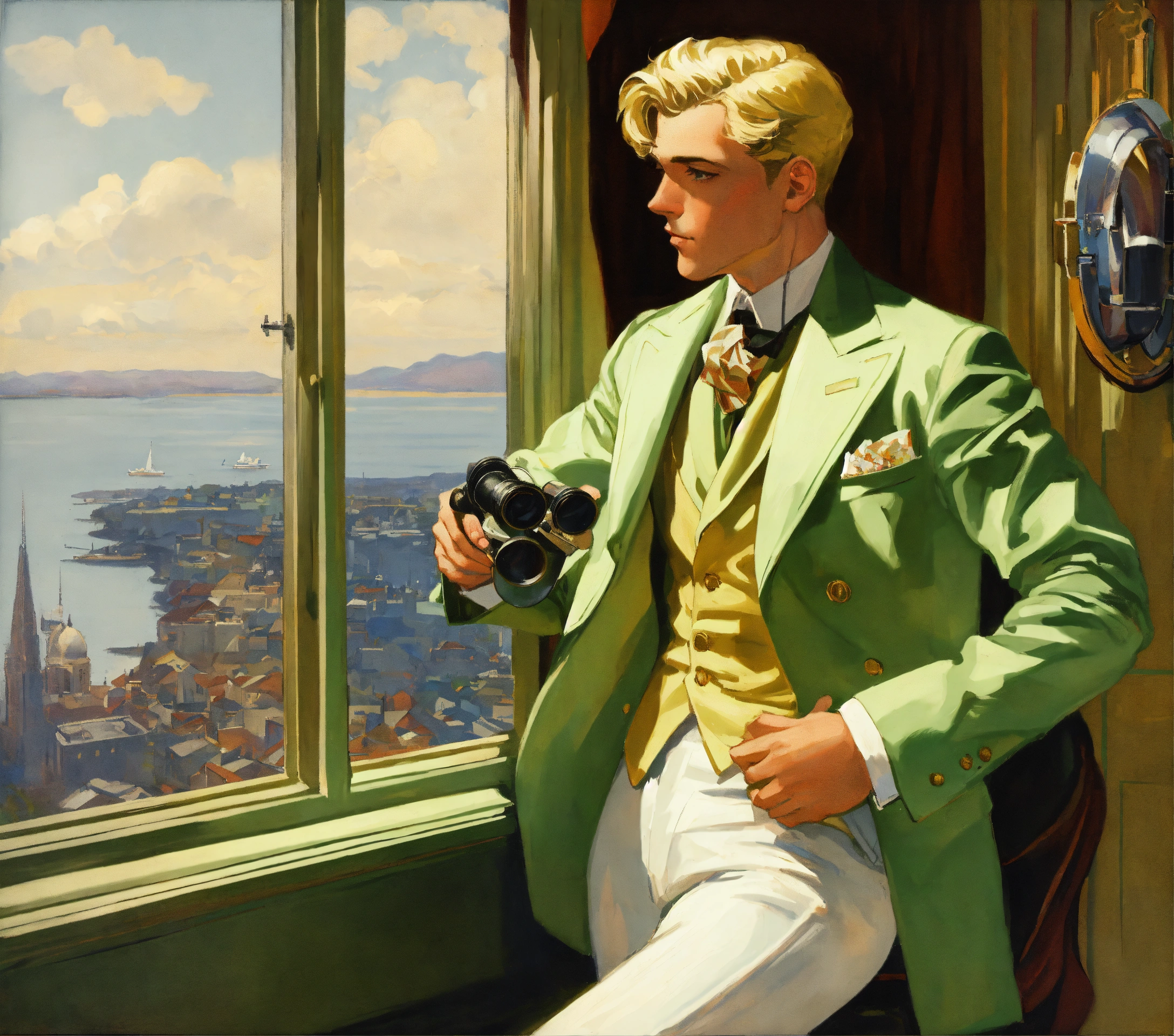 Lexica - A blonde gentleman in pale green jacket, white pants, club tie ...