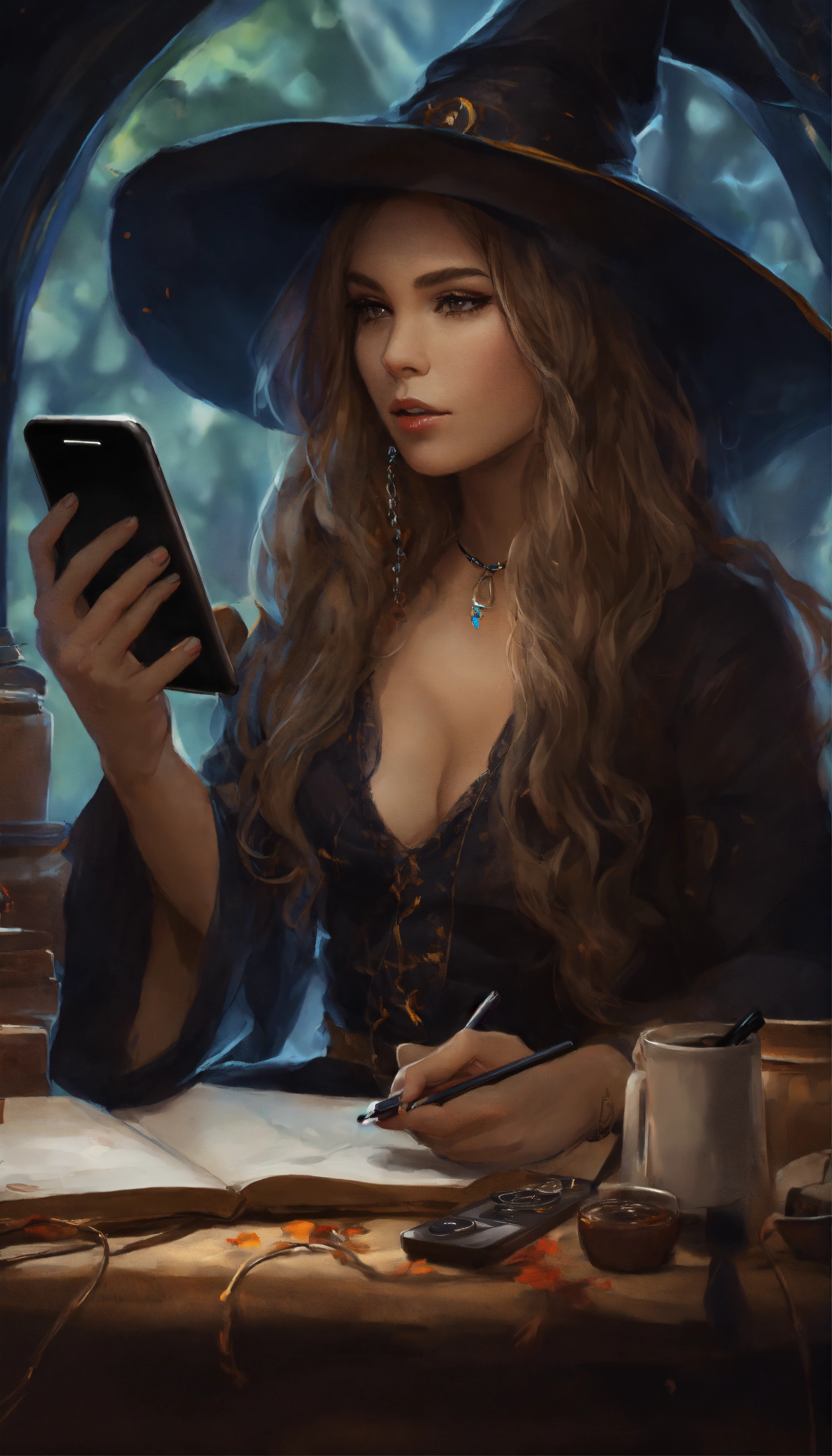 Lexica - Drawing witch on the phone on her computer realistic