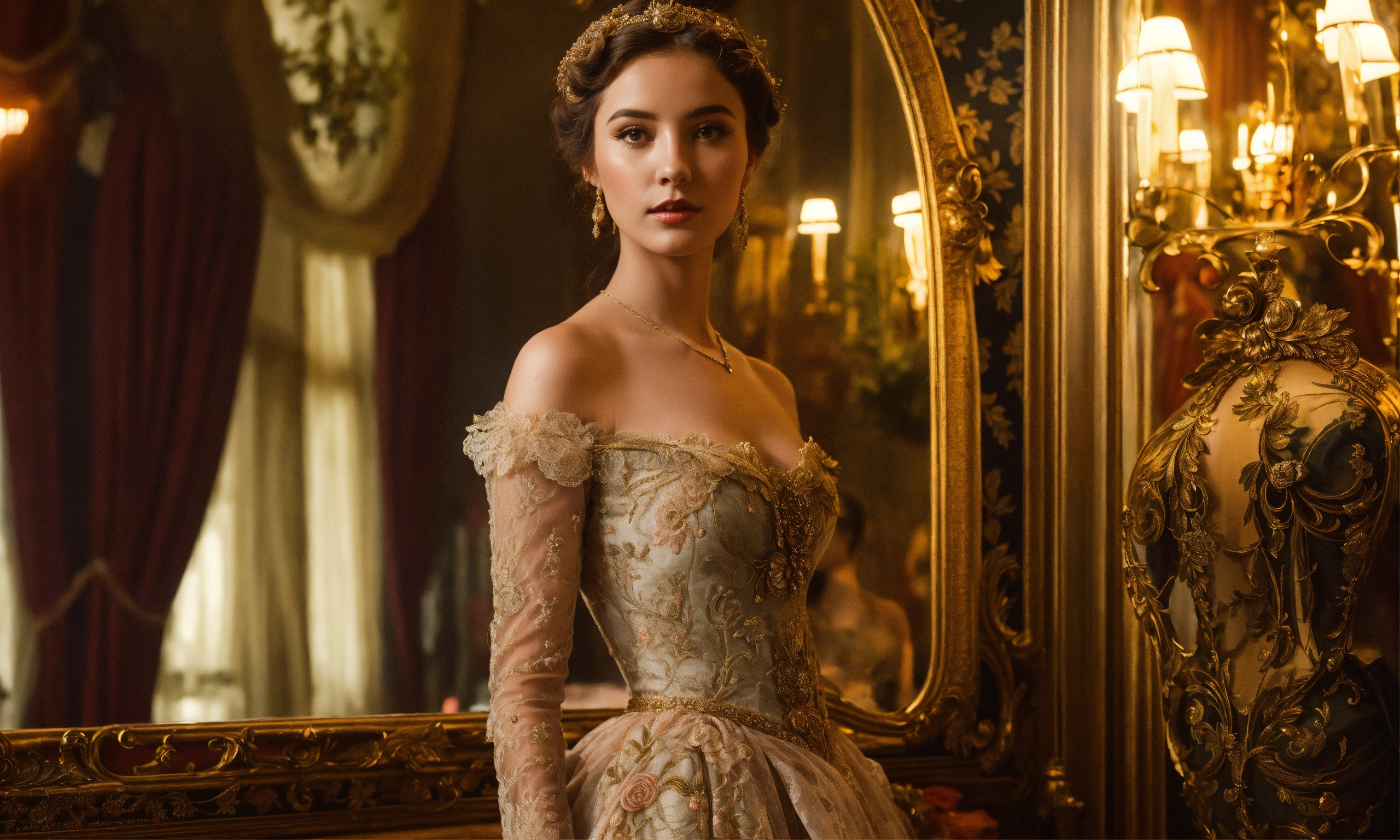 Lexica - The Young Beautiful Lady stands before a vintage, ornate ...