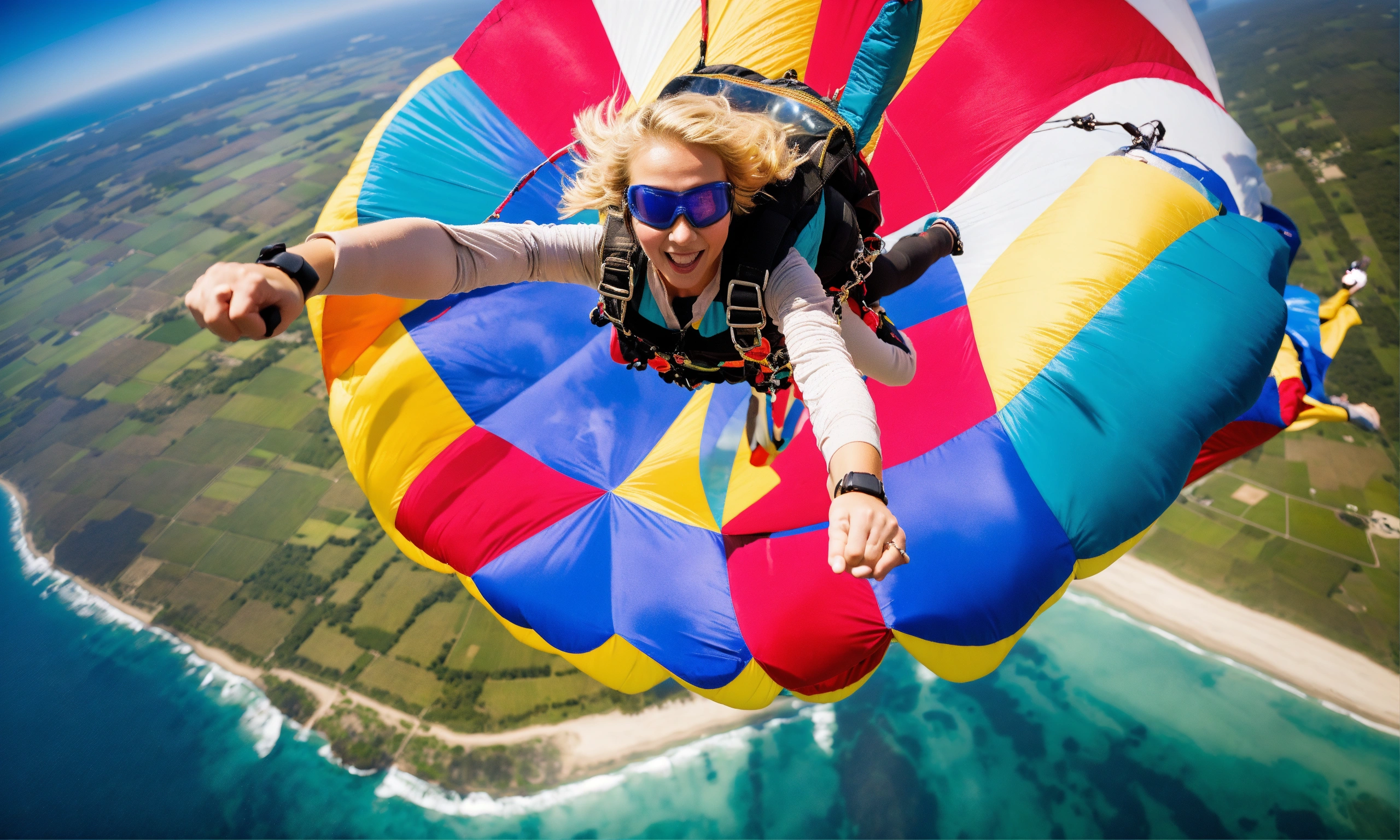 Lexica - A blonde woman skydiving jumping out of a plane with a ...