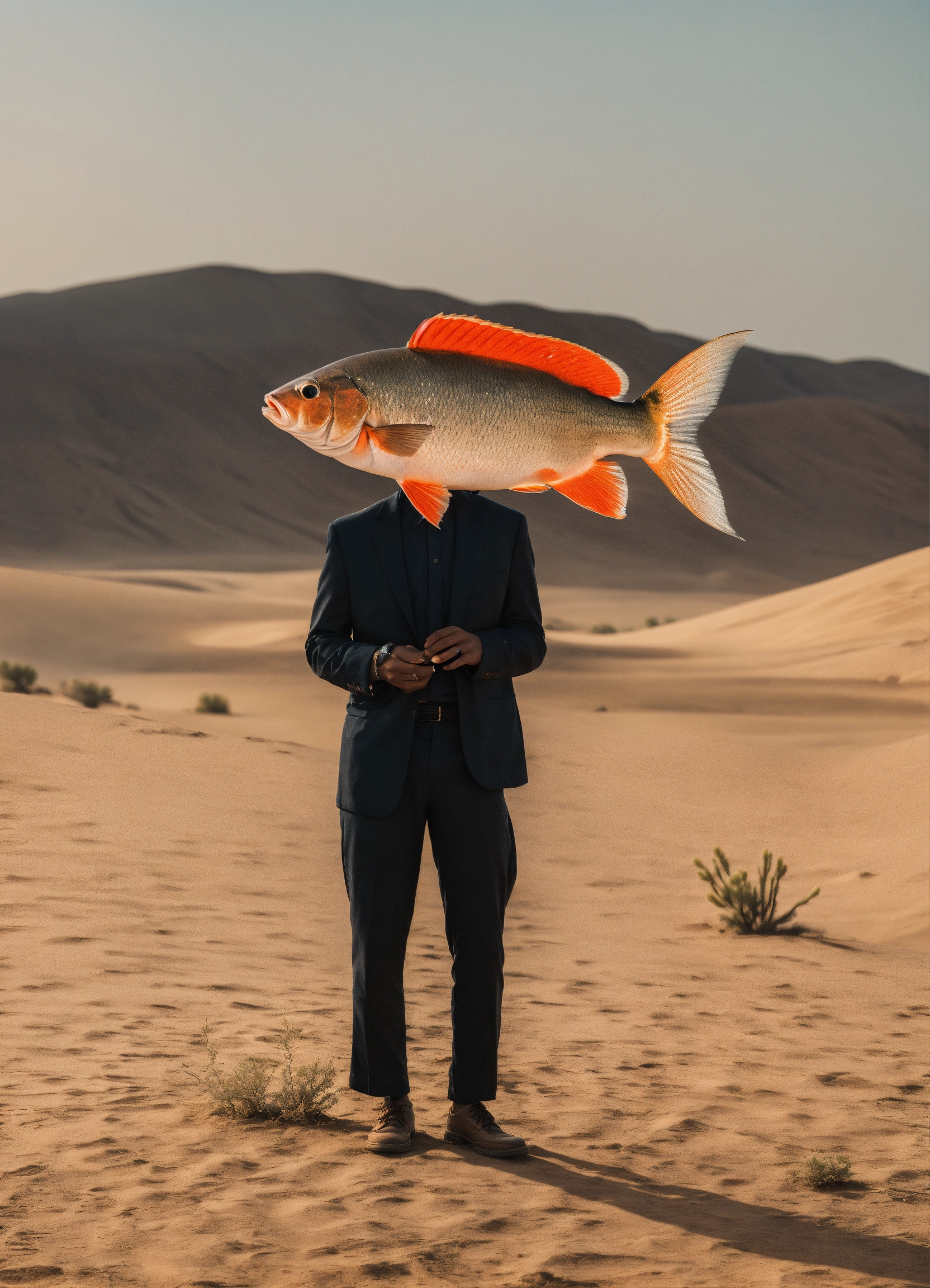 Lexica - A man with the head of a fish standing in the desert