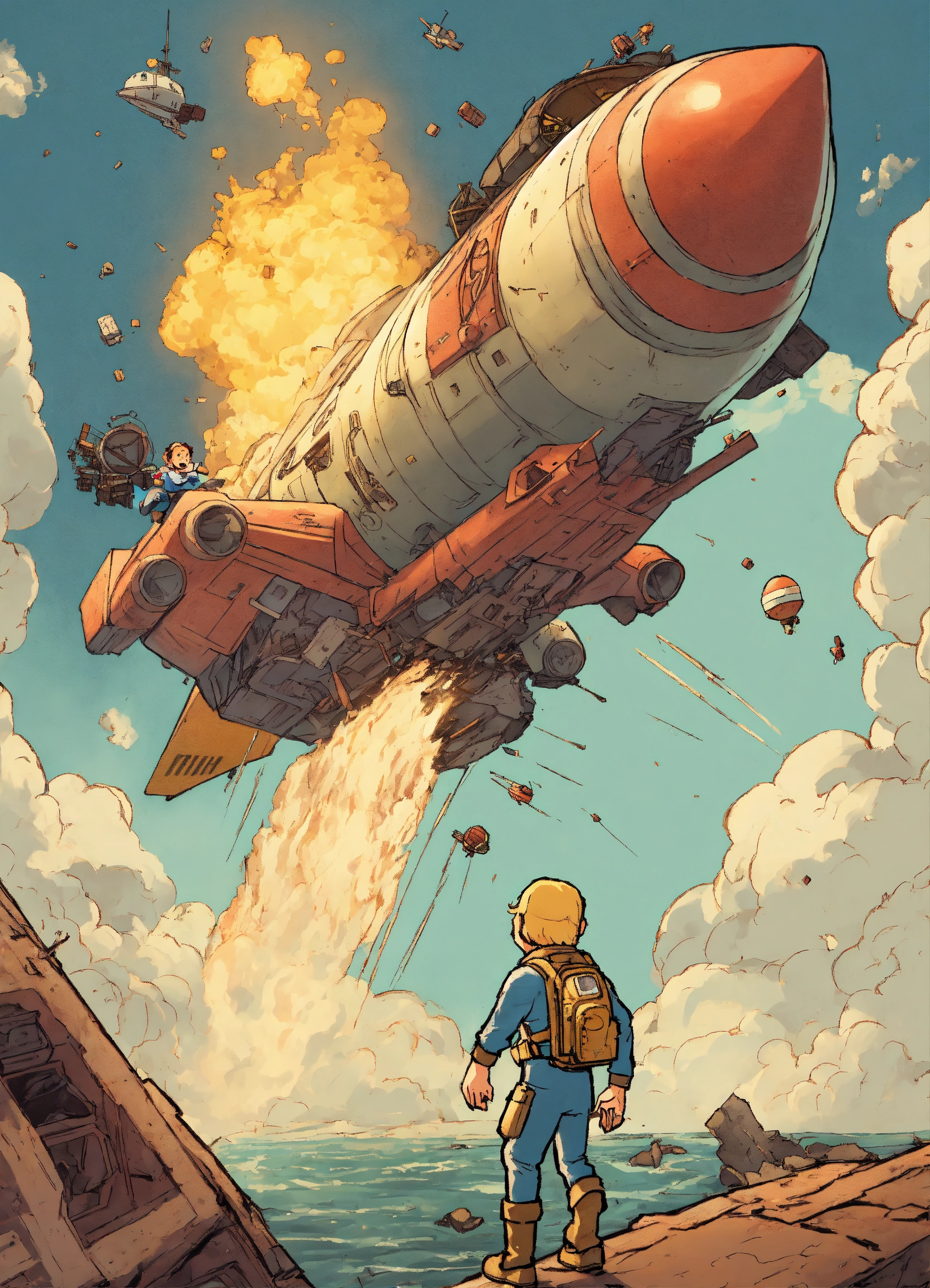 Lexica - An image of a vault boy style character riding a rocket that ...